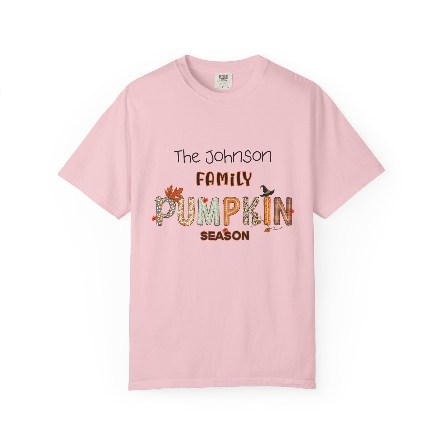 Pink t-shirt with 'The Johnson Family Pumpkin Season' text on a white background
