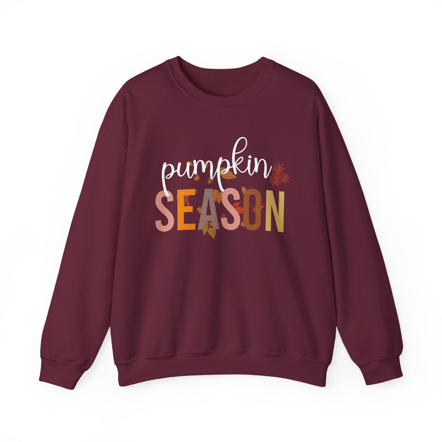 Maroon sweatshirt with 'pumpkin season' text on a white background