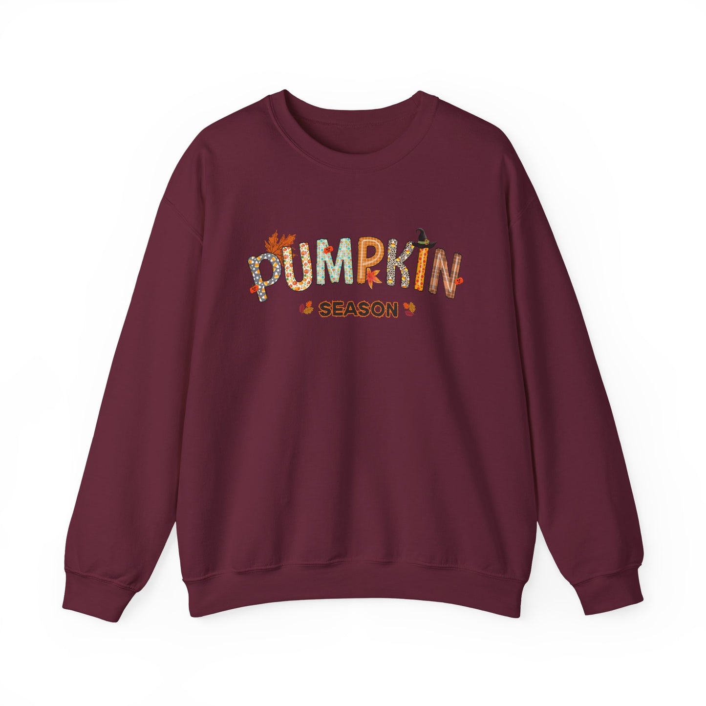 Maroon sweatshirt with 'PUMPKIN SEASON' text on a white background