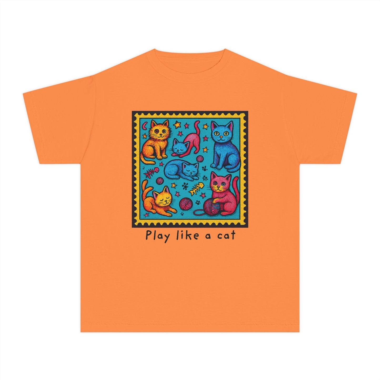 Play Like A Cat Pop Art Style Youth Tee, Comfort Colors T-Shirt for Kids, Cat Lover Gift, Graphic Print Shirt, Kitty Theme Clothing