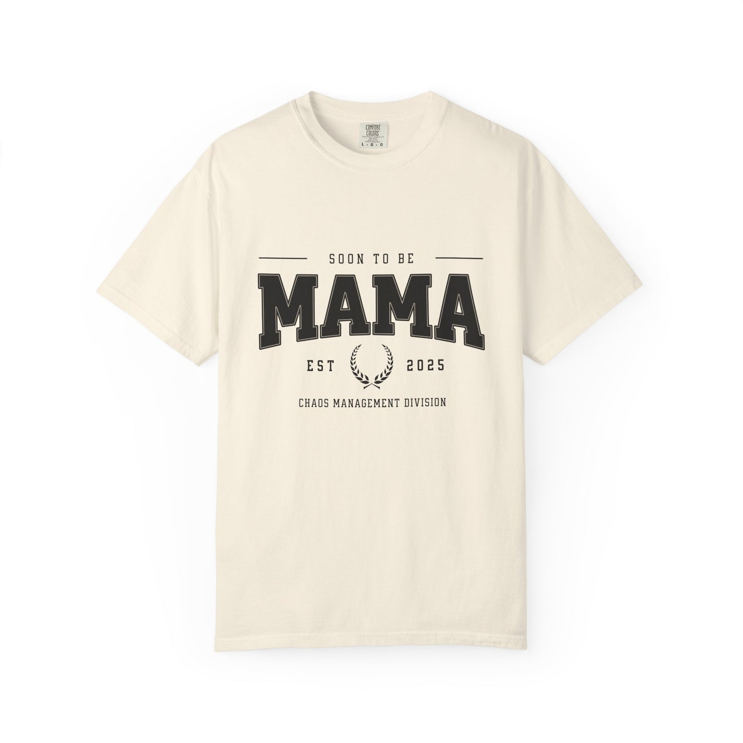 Beige t-shirt with 'Soon to be Mama' text on a white background