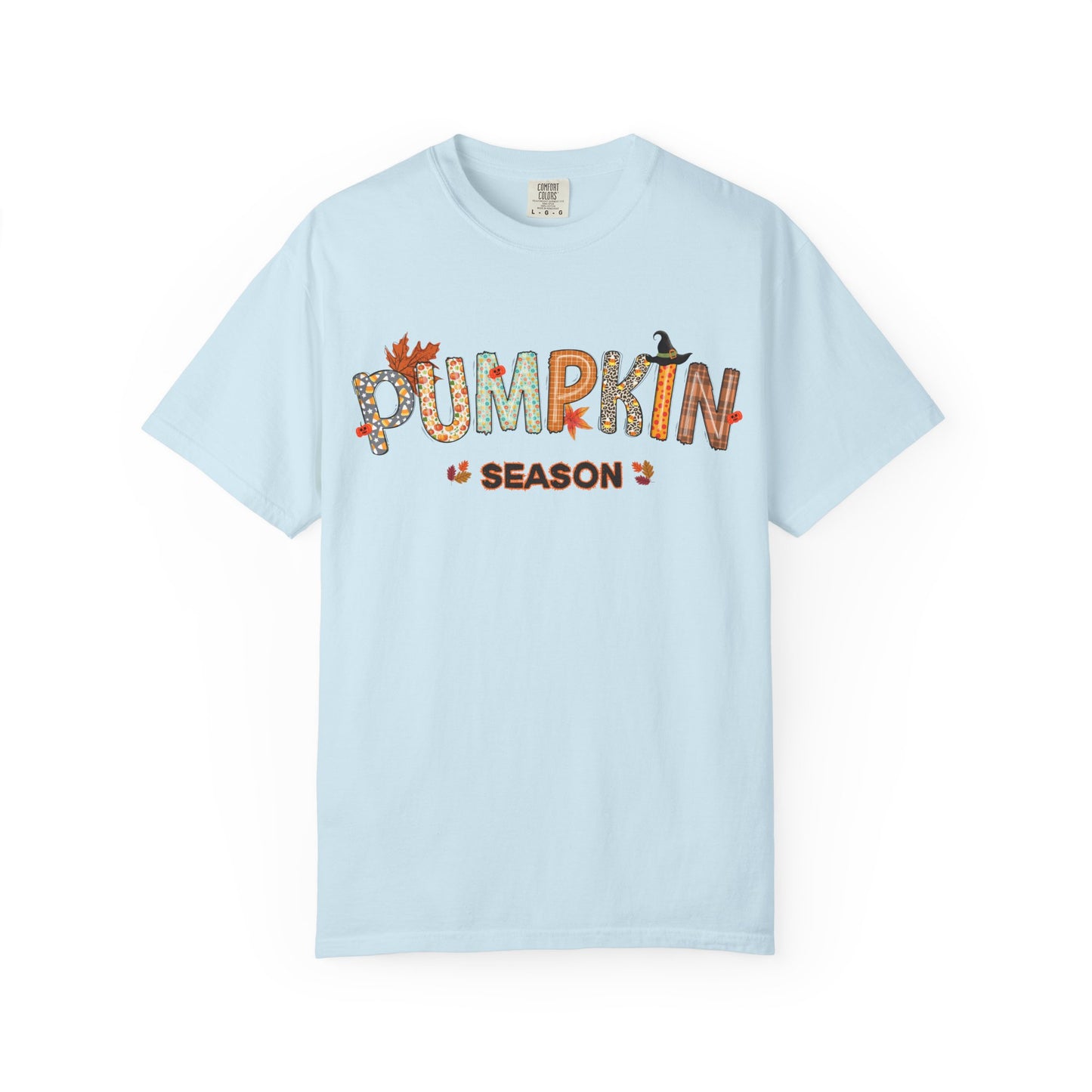 Light blue t-shirt with 'Pumpkin Season' text design on a white background