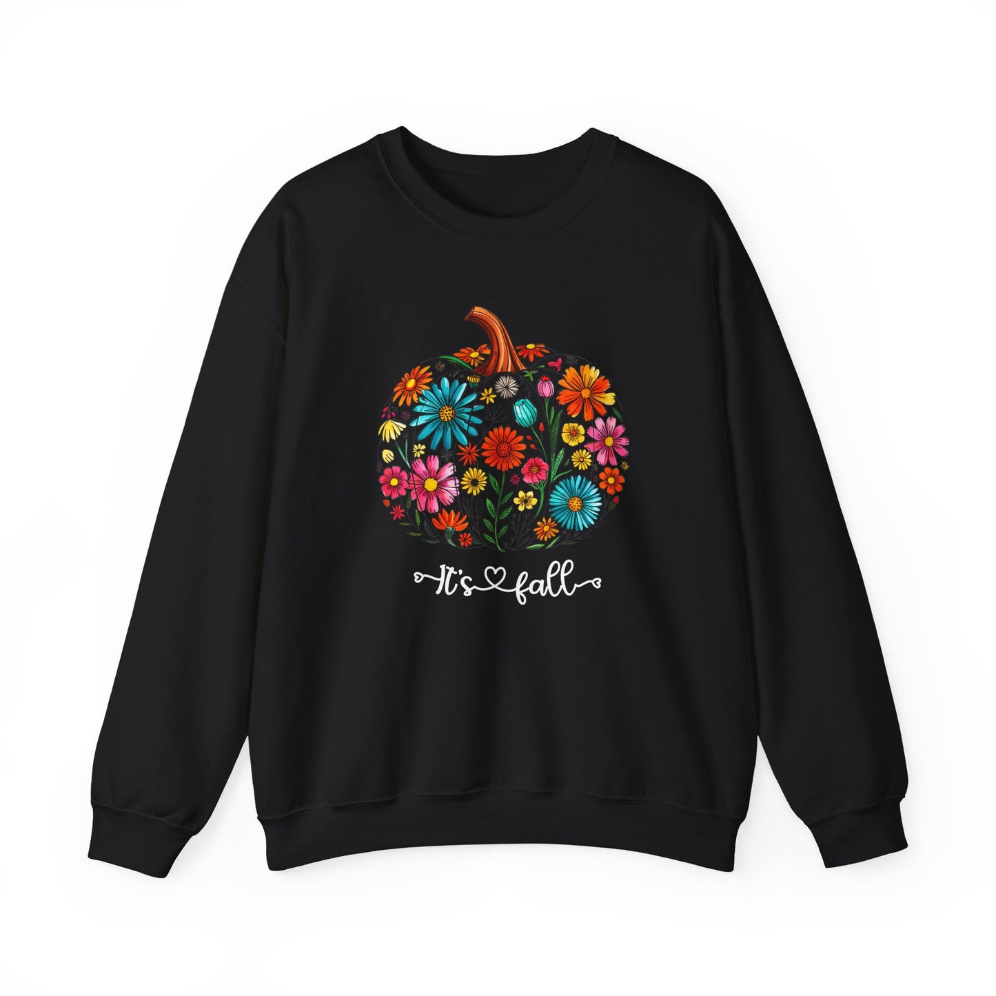 Black sweatshirt with a colorful pumpkin design and 'It's Fall' text on a white background