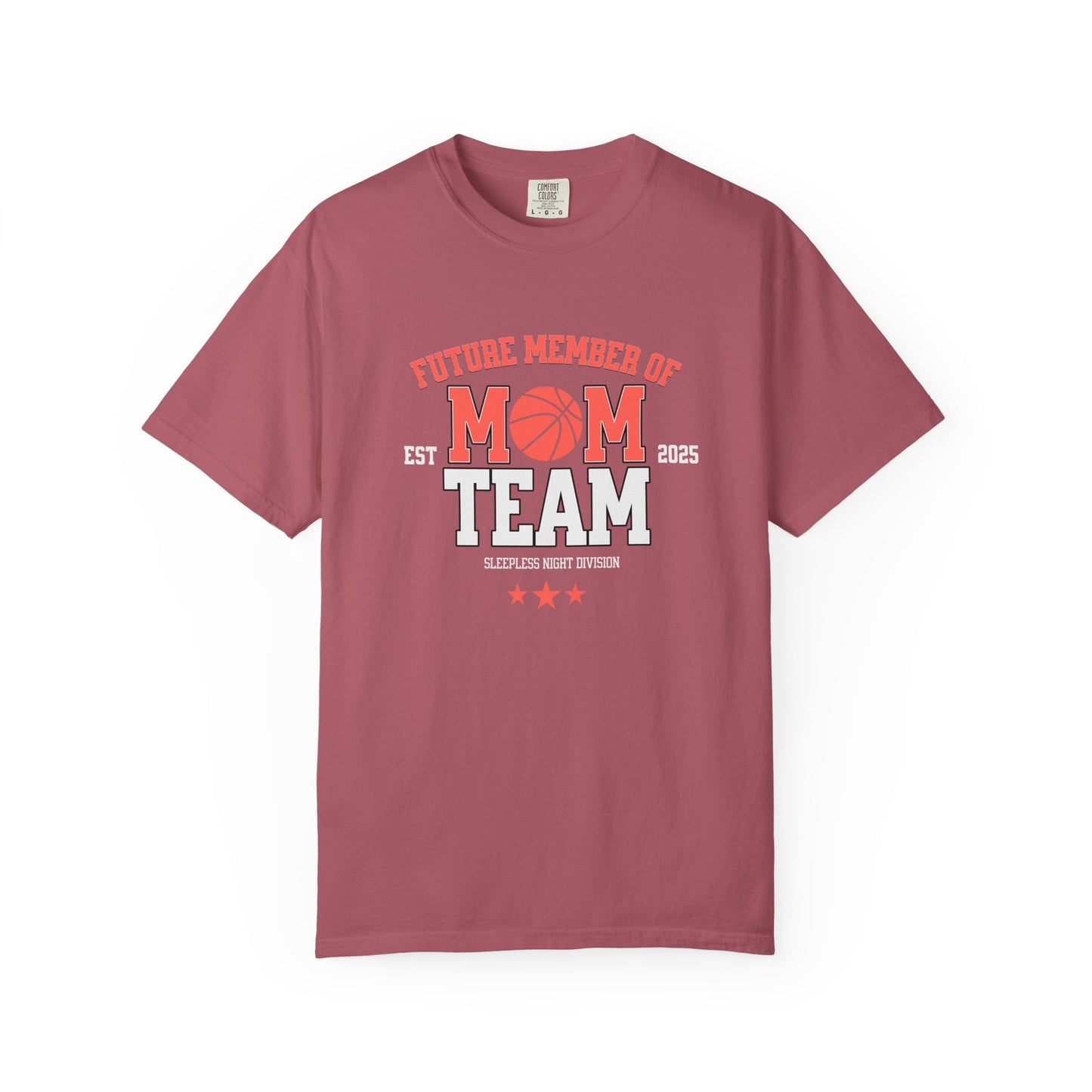 Maroon t-shirt with 'Future Member of Mom Team' text and basketball graphic on a white background