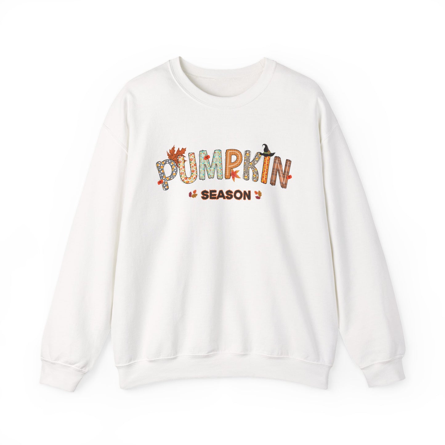 White sweatshirt with 'Pumpkin is the Season' text on a white background