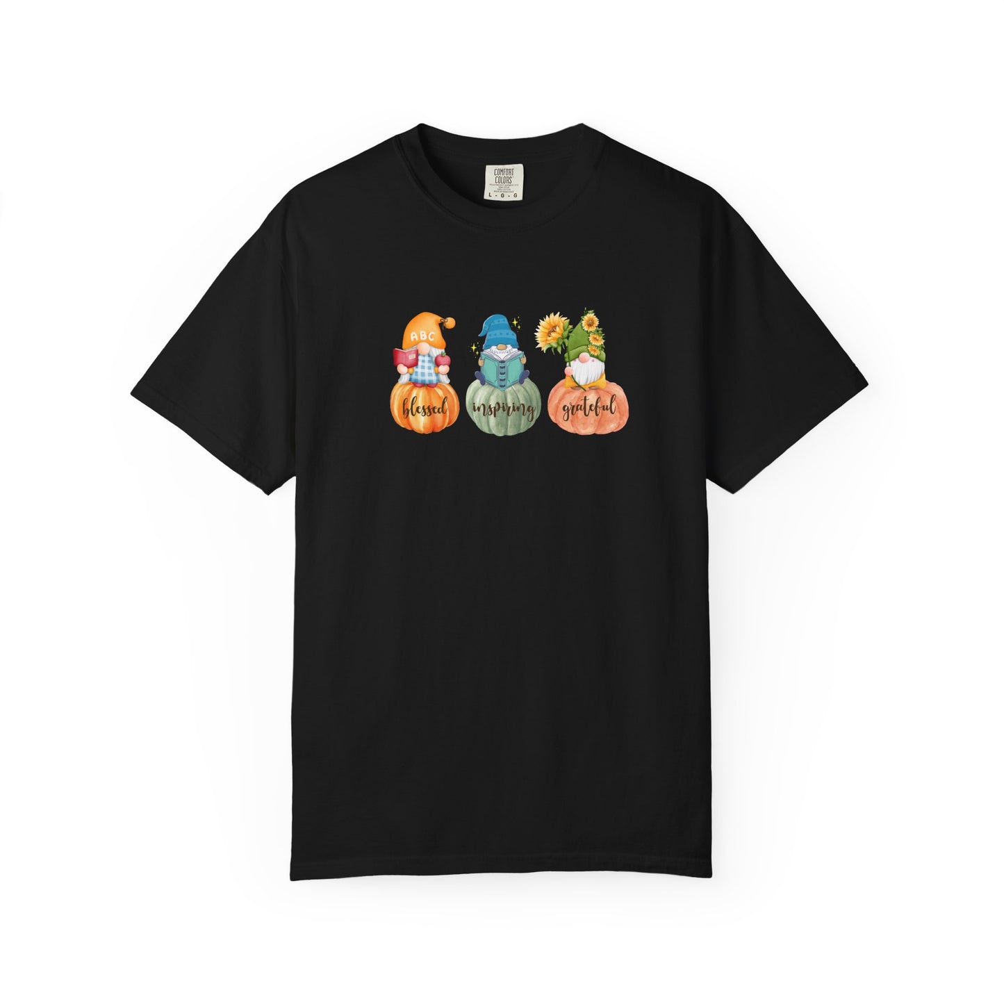 Black t-shirt with colorful gnomes design on a white background