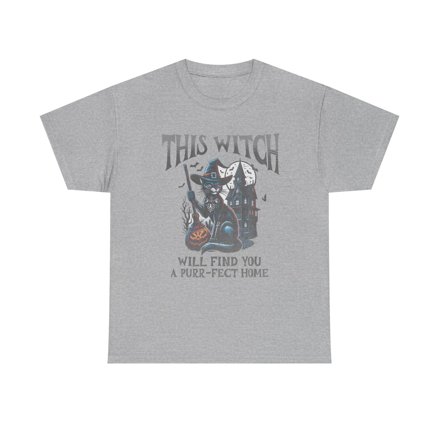 Gray t-shirt with a graphic of a witch and cat on a white background