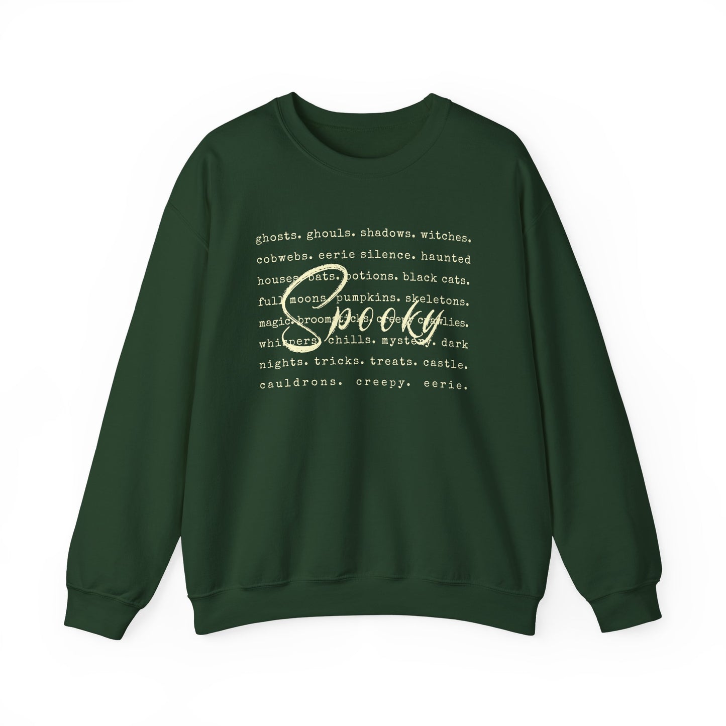 Green sweatshirt with white text on a white background