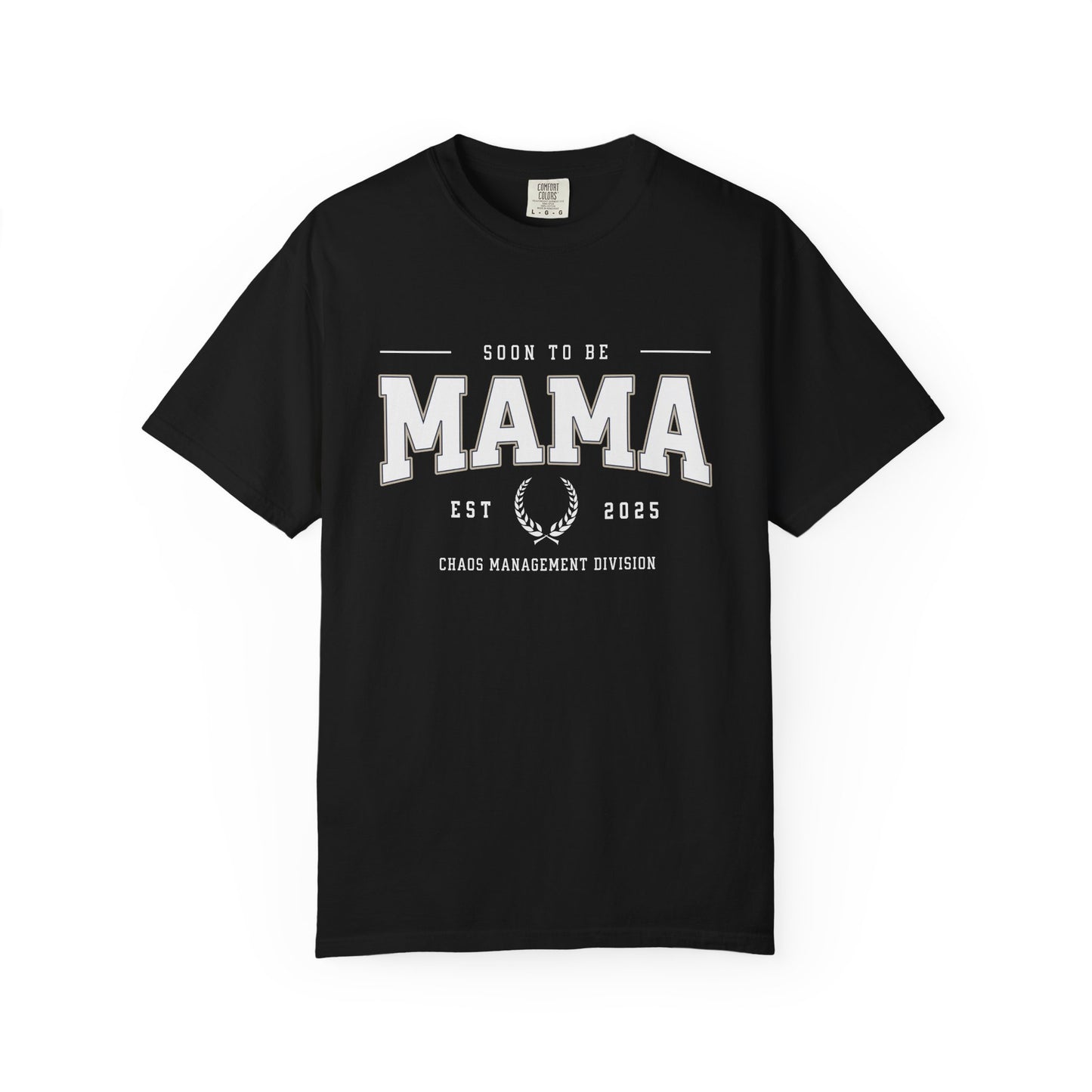 Black t-shirt with 'Soon to be Mama' text on a white background