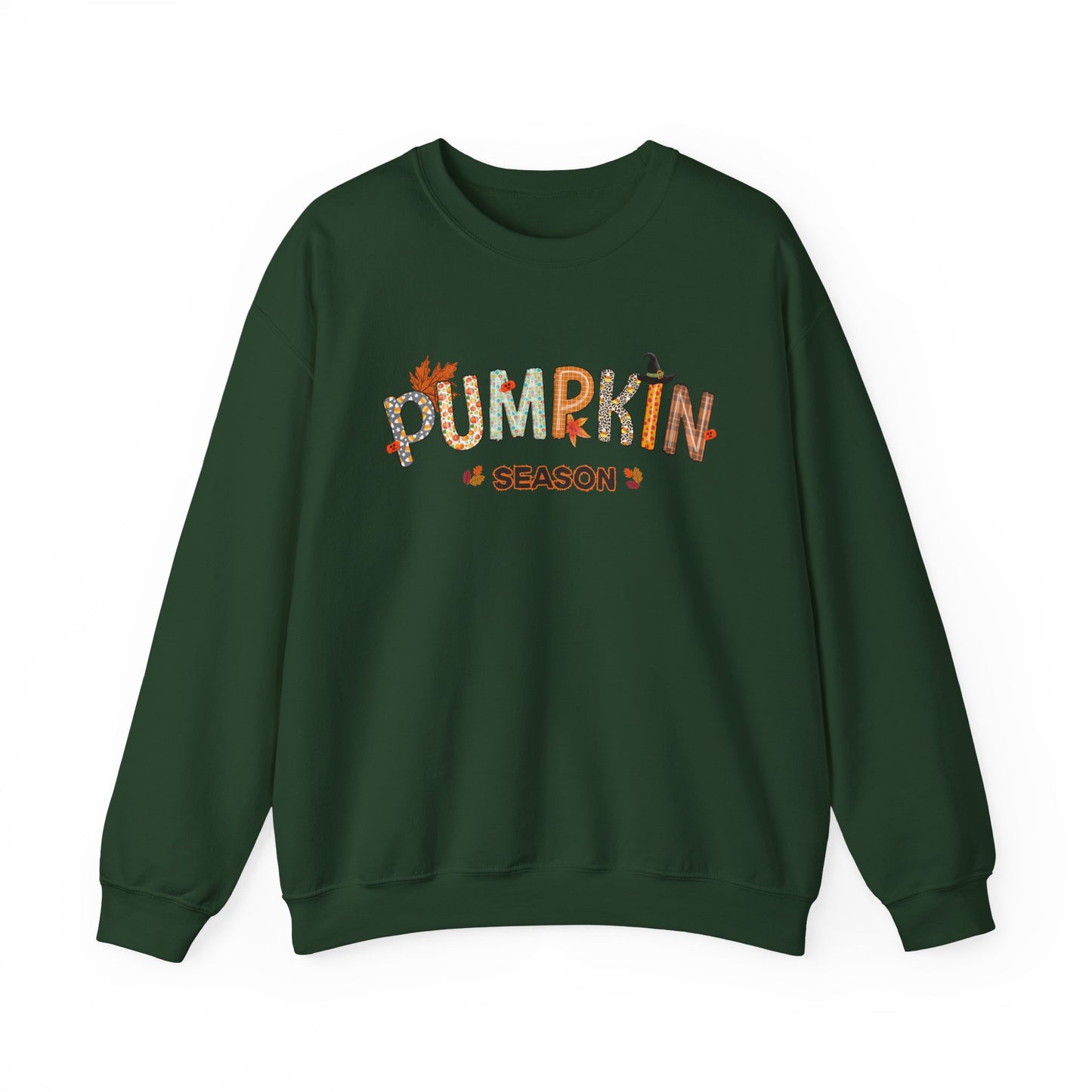 Green sweatshirt with 'Pumpkin Season' text on a white background