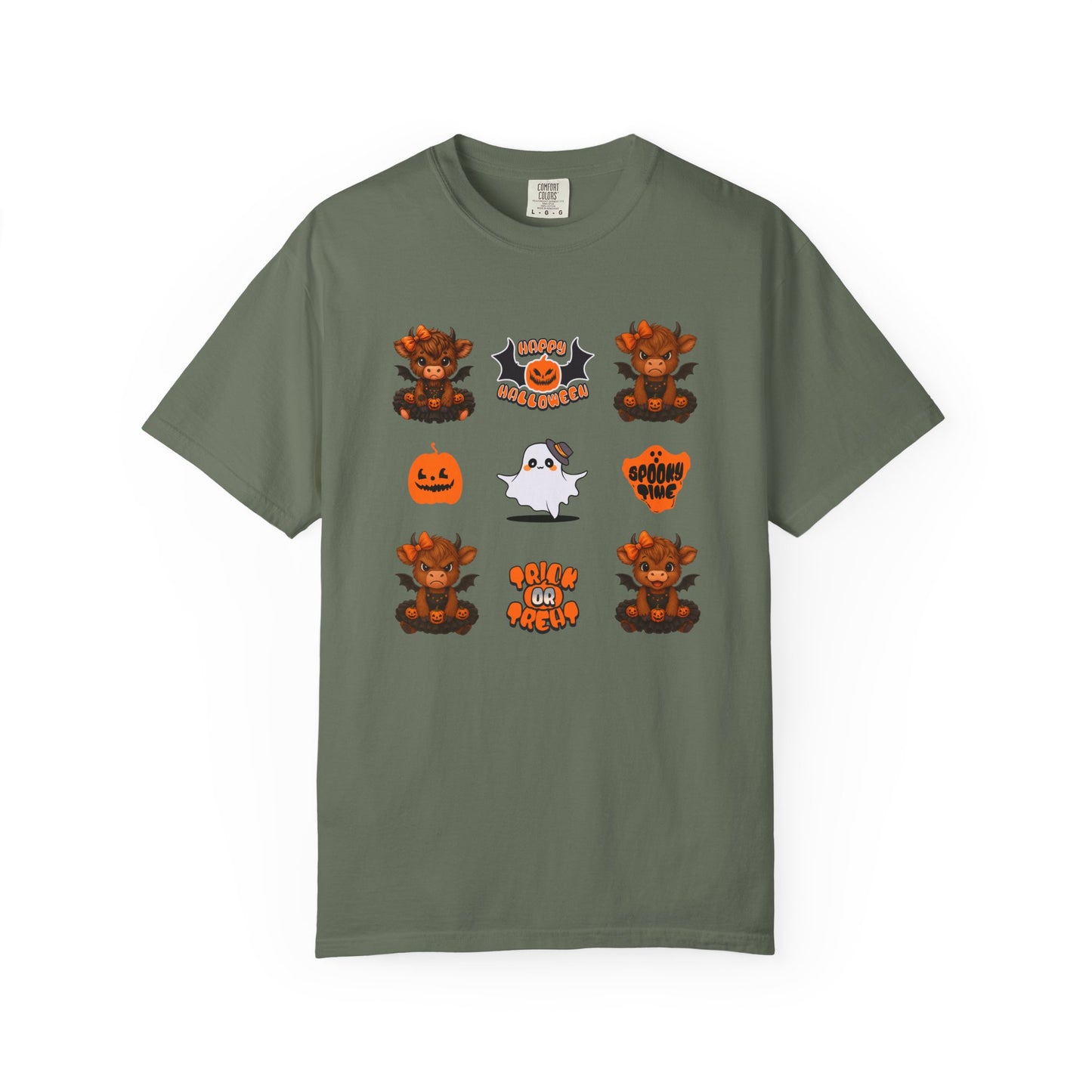 Green t-shirt with Halloween-themed graphics on a white background