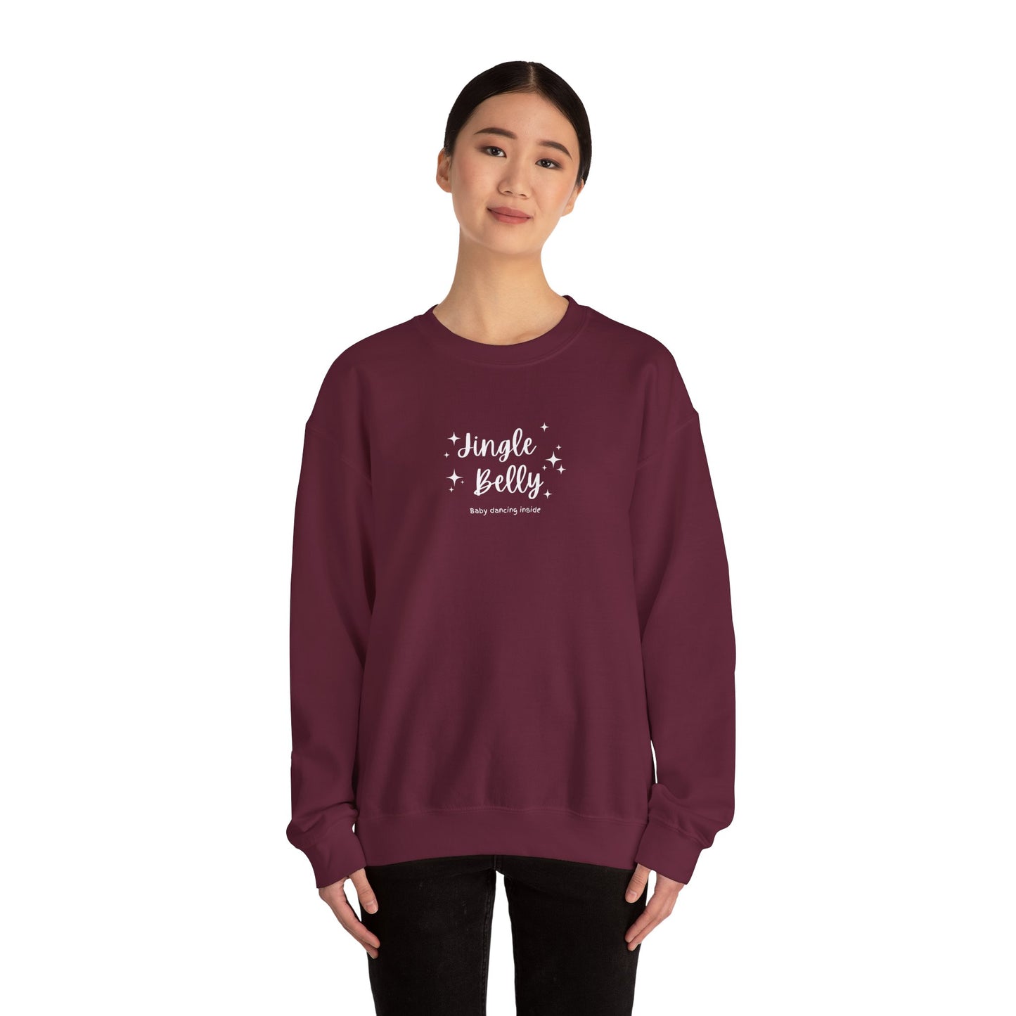 Maroon sweatshirt with 'Single Belly' text worn by a person on a white background