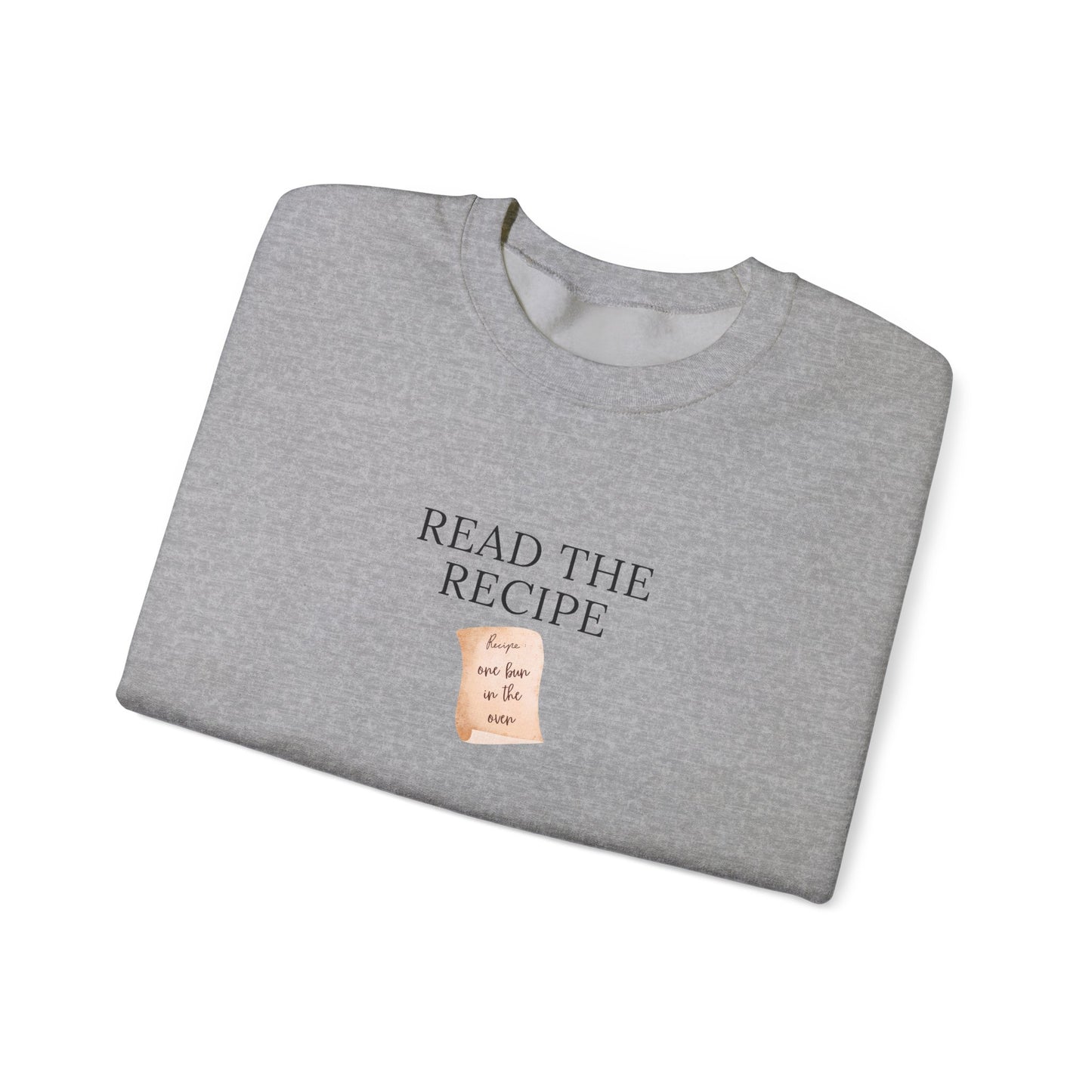 Folded gray sweatshirt with 'Read the Recipe' text on a white background