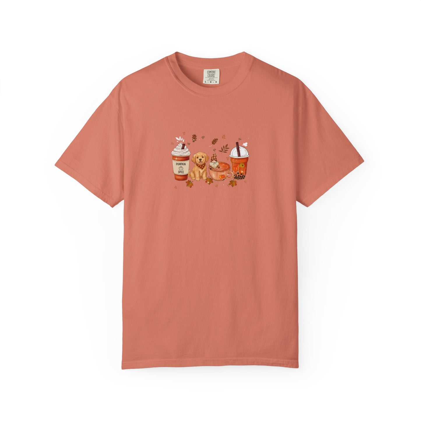 Coral t-shirt with a graphic of a dog and coffee cups on a white background