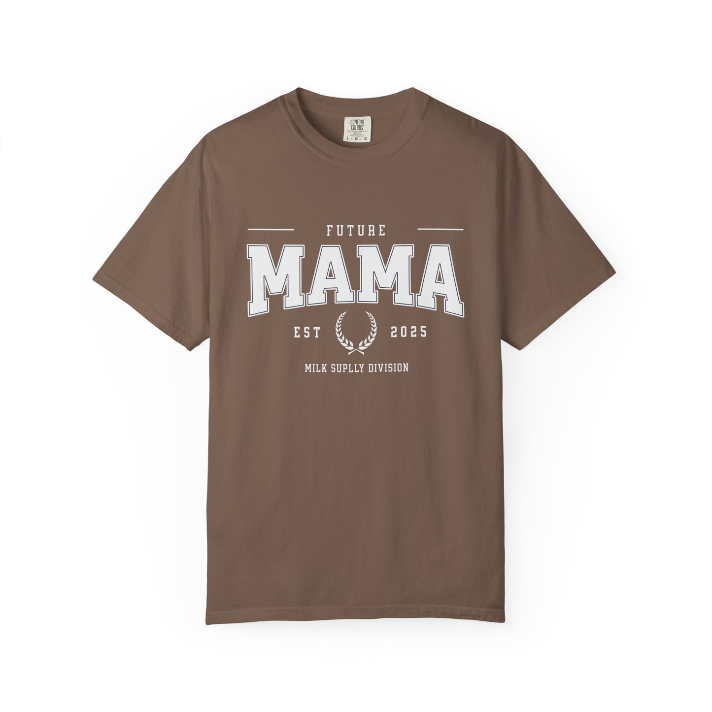 Brown t-shirt with 'Future Mama' text on a white background