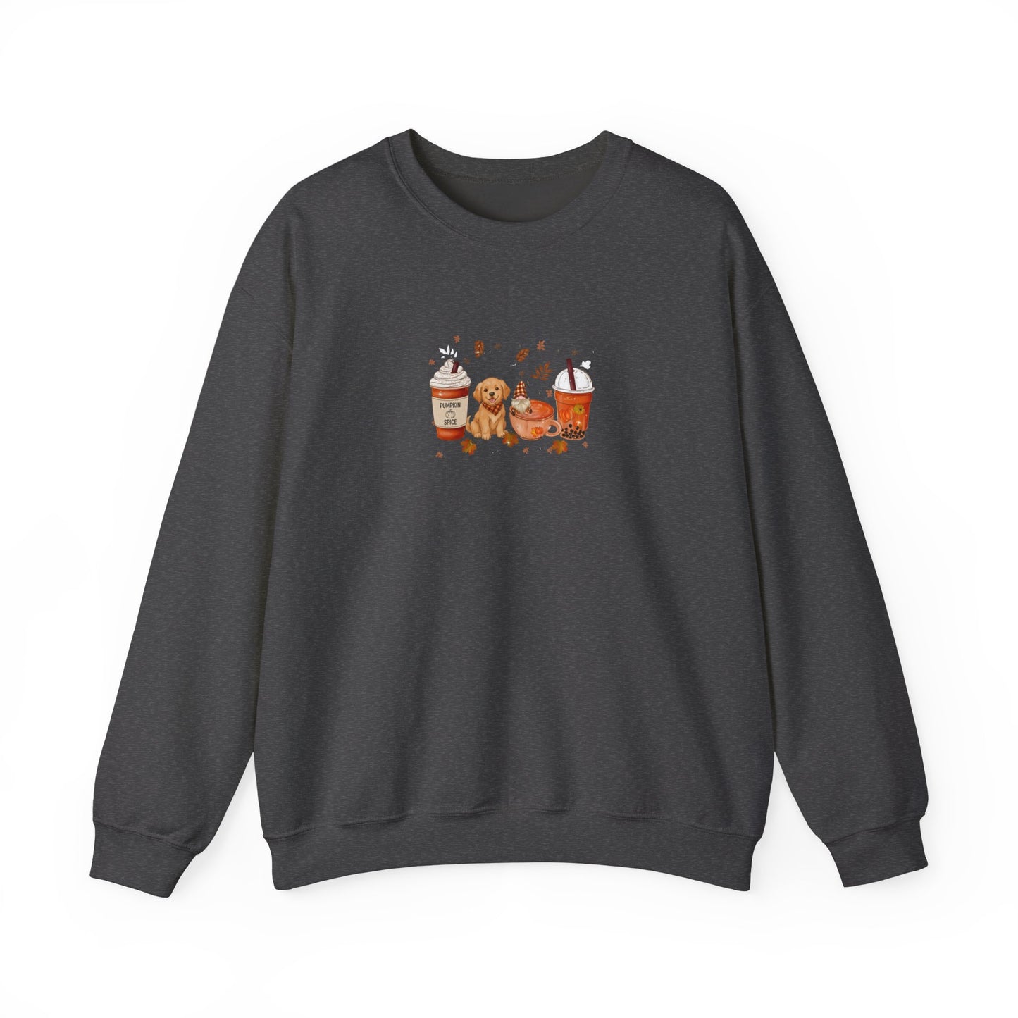 Dark gray sweatshirt with a graphic of a dog and coffee cups on a white background