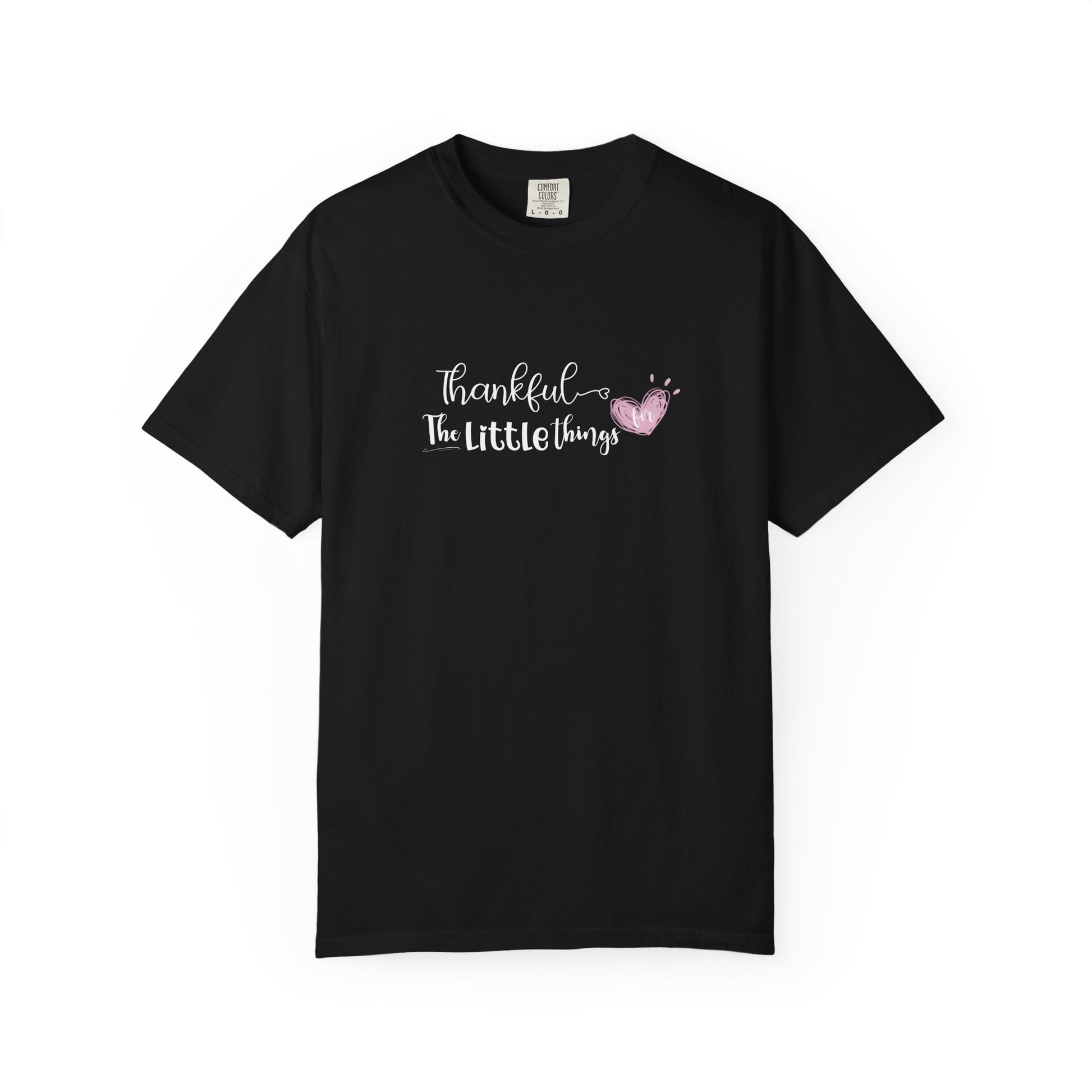 Black t-shirt with 'thankful for the little things' text and heart design on a white background