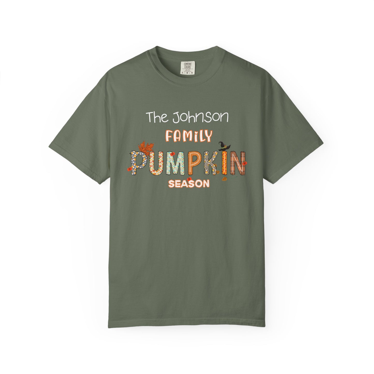 Green t-shirt with 'The Johnson Family Pumpkin Season' text on a white background