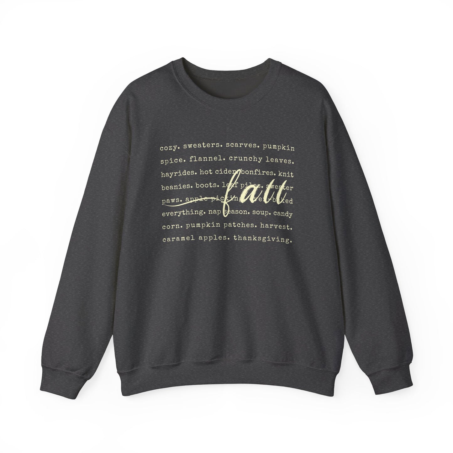 Dark gray sweatshirt with white text on a white background