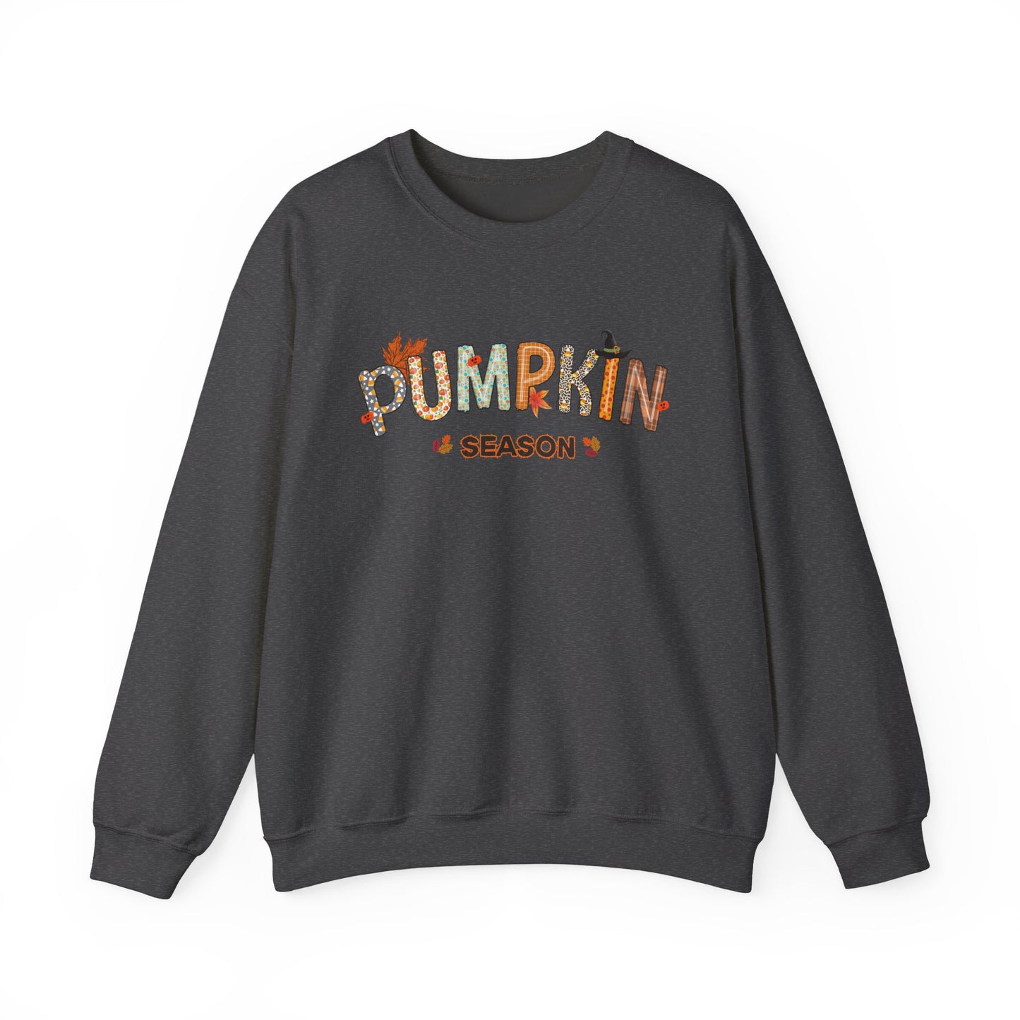 Dark gray sweatshirt with 'PUMPKIN SEASON' text in multicolor on a white background