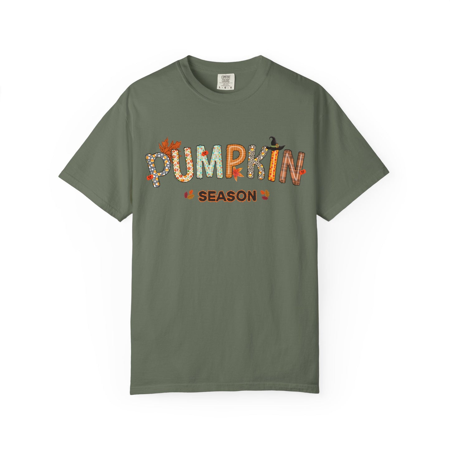 Green t-shirt with 'PUMPKIN SEASON' text on a white background