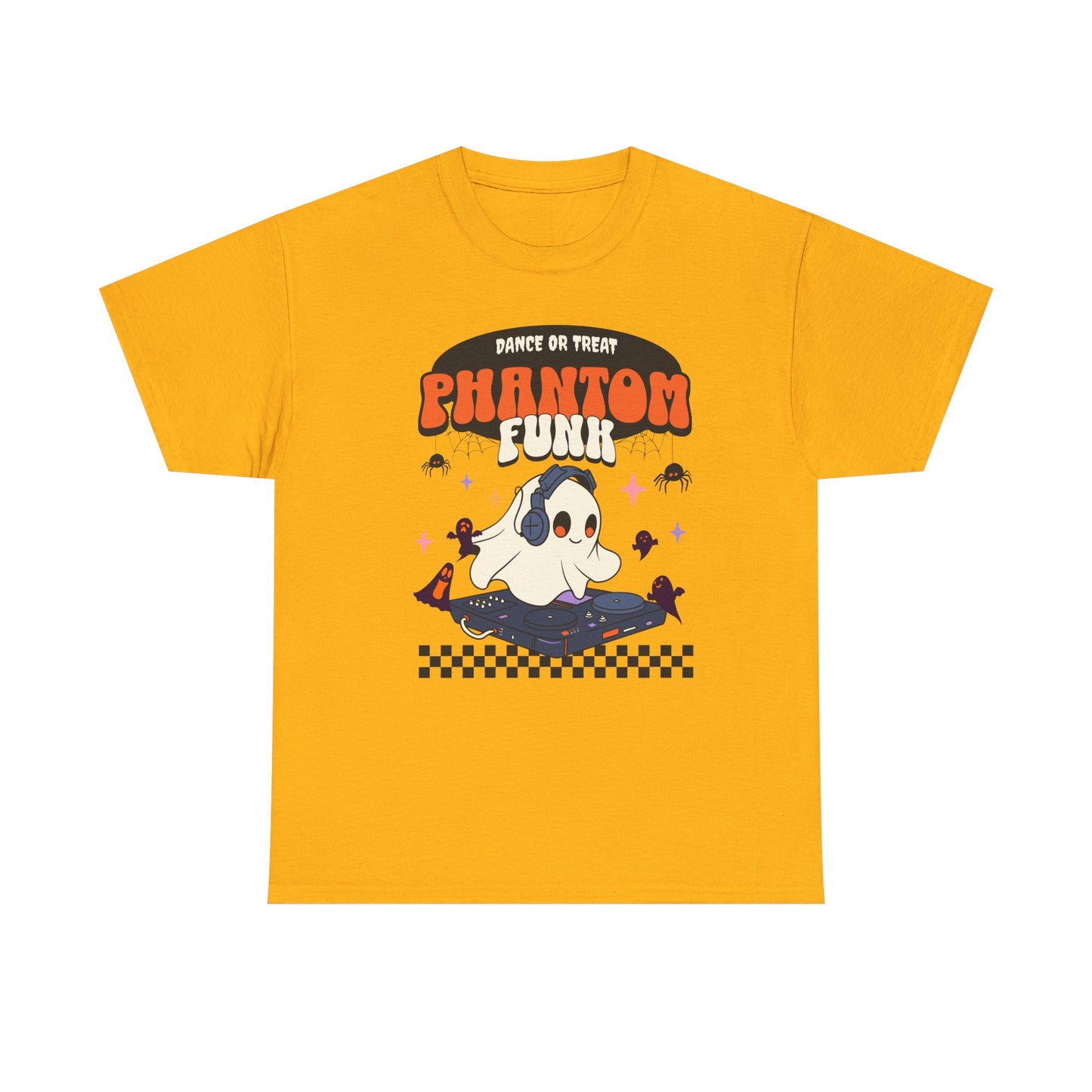 Yellow t-shirt with a ghost graphic and 'Phantom Funk' text on a white background