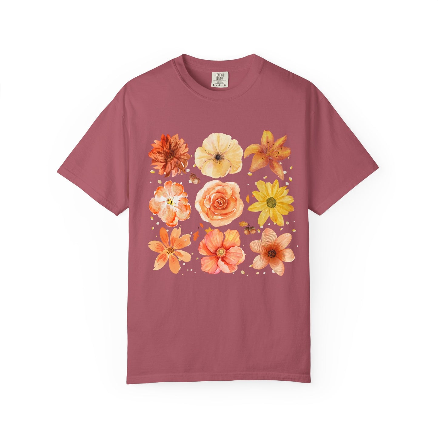 Maroon t-shirt with colorful floral design on a white background