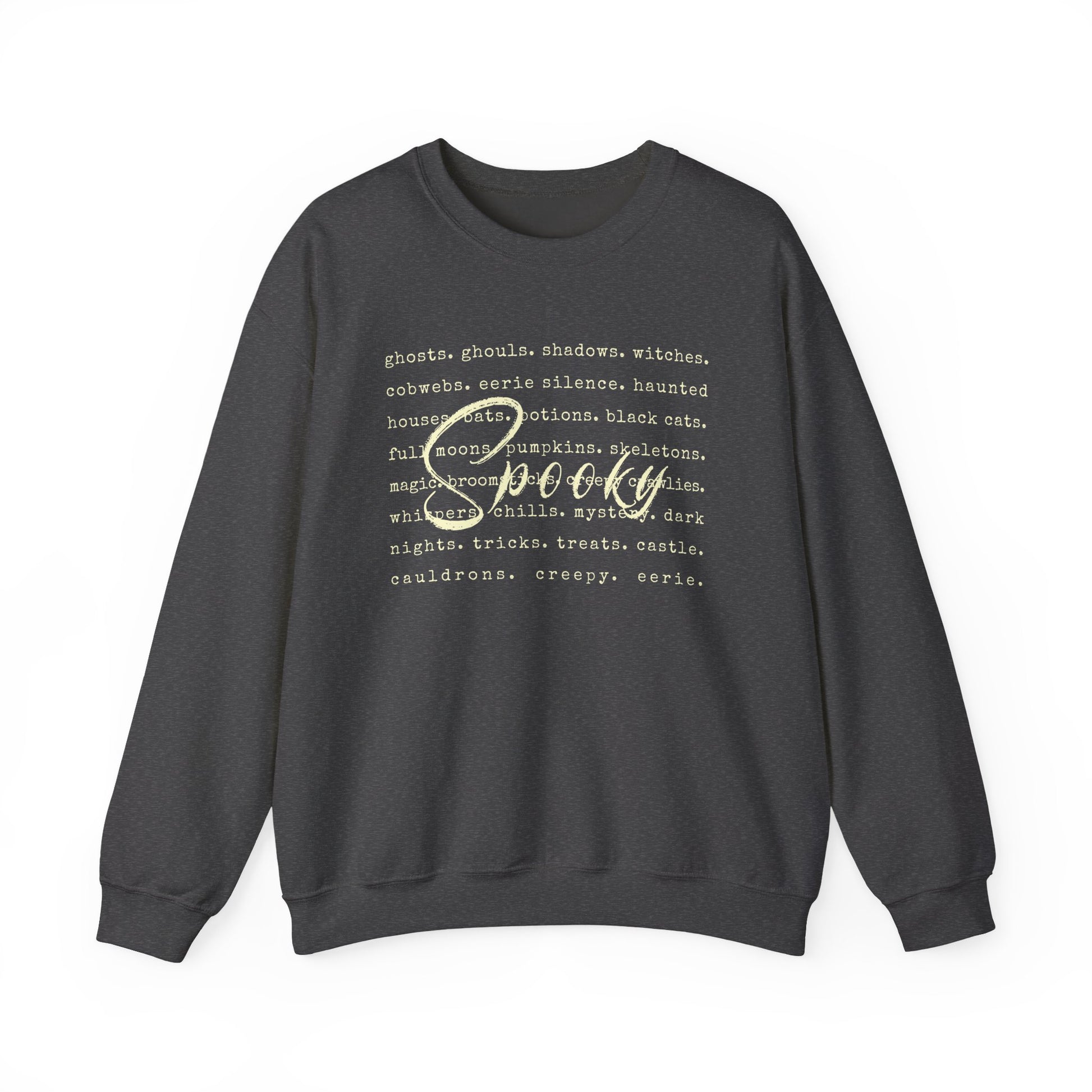 Dark gray sweatshirt with white text on a white background