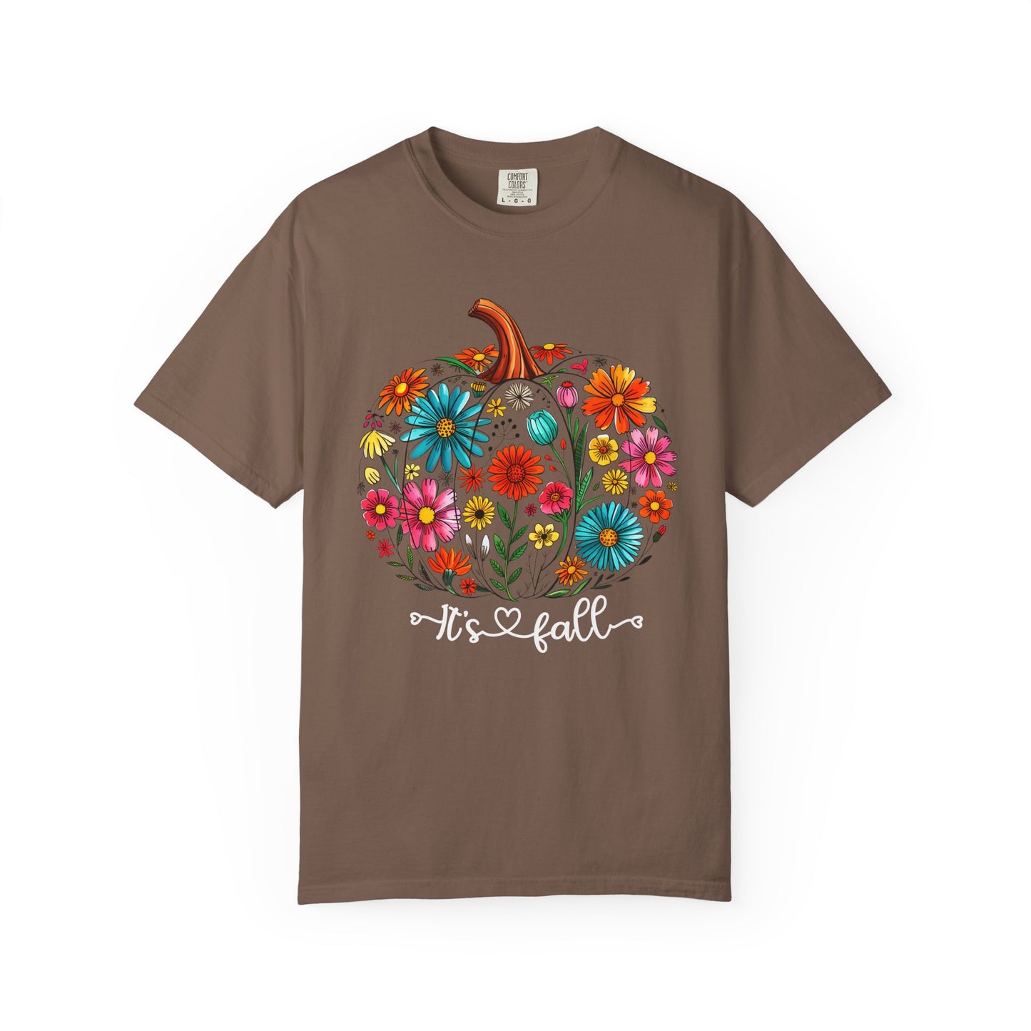 Brown t-shirt with a colorful pumpkin design and 'It's fall' text on a white background