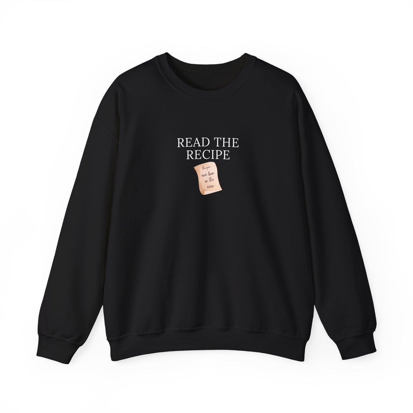 Black sweatshirt with 'READ THE RECIPE' text and a small label on a white background
