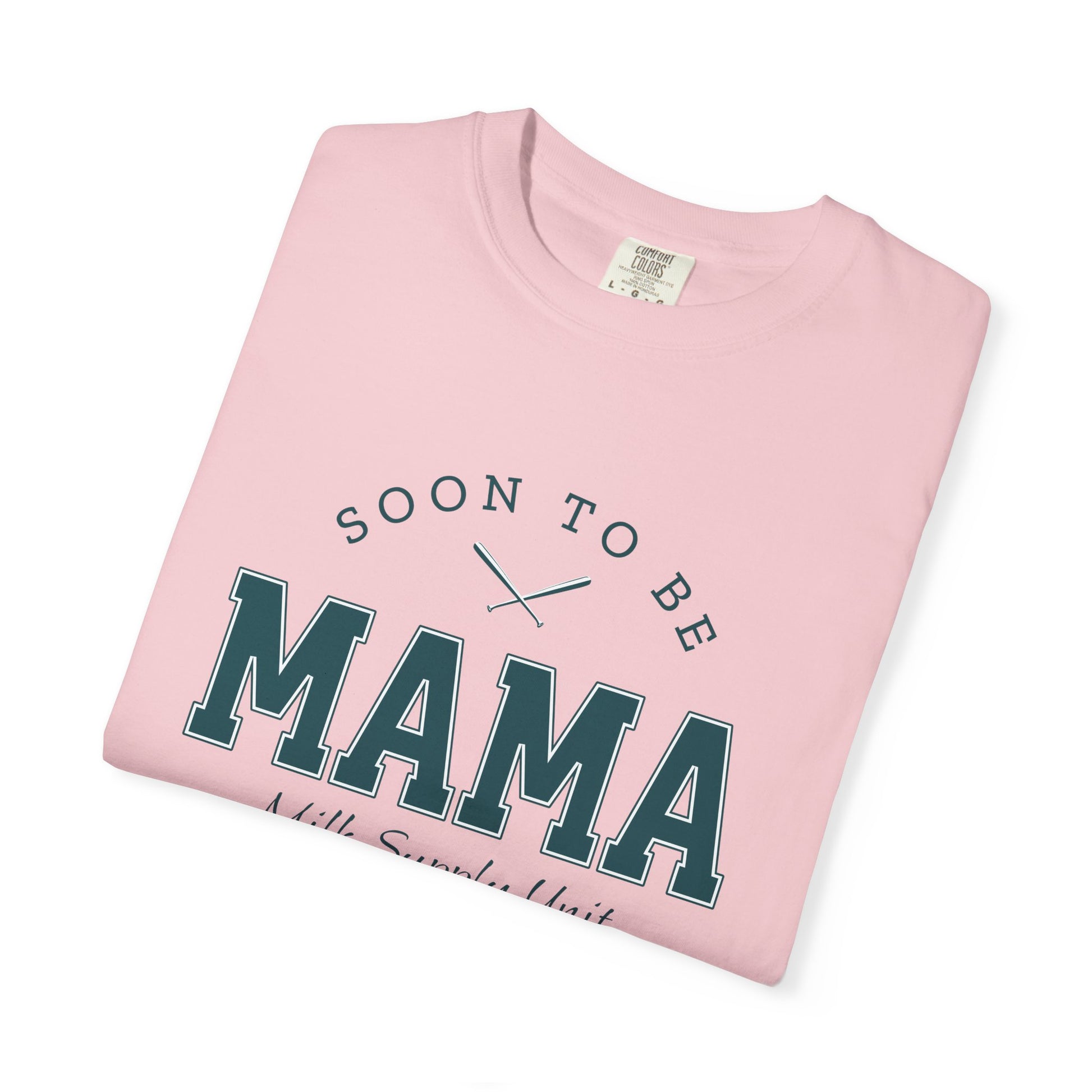 Pink t-shirt with 'Soon to be Mama' text on a white background