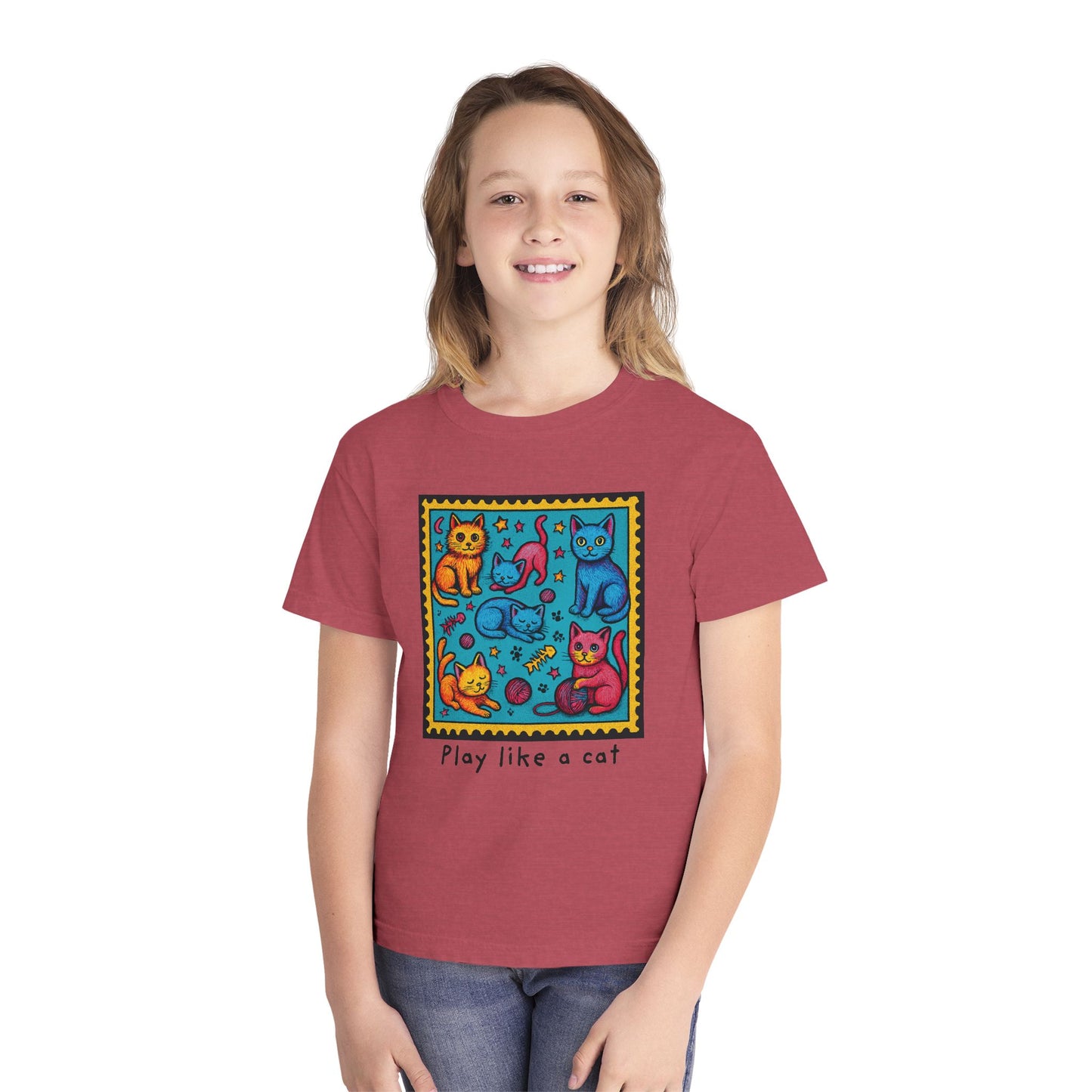 Play Like A Cat Pop Art Style Youth Tee, Comfort Colors T-Shirt for Kids, Cat Lover Gift, Graphic Print Shirt, Kitty Theme Clothing