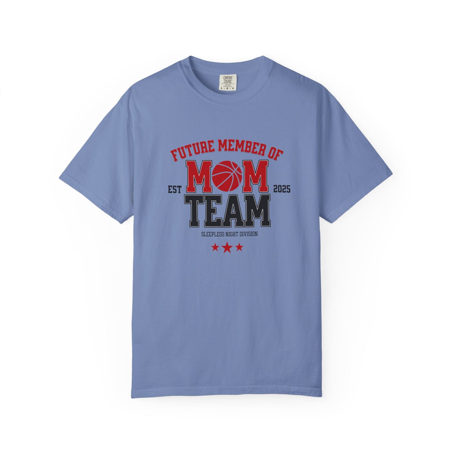 Blue t-shirt with 'Future Member of Mom Team' text on a white background