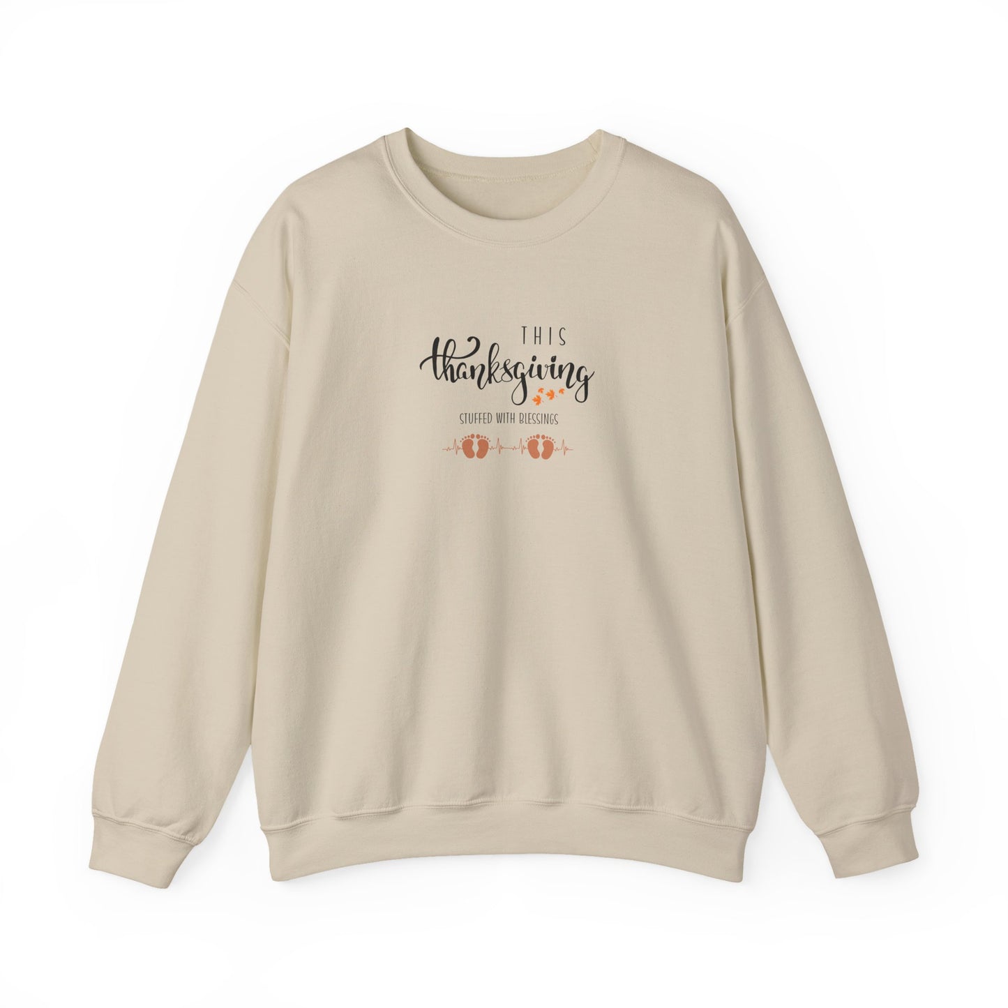 Beige sweatshirt with Thanksgiving text and graphics on a white background