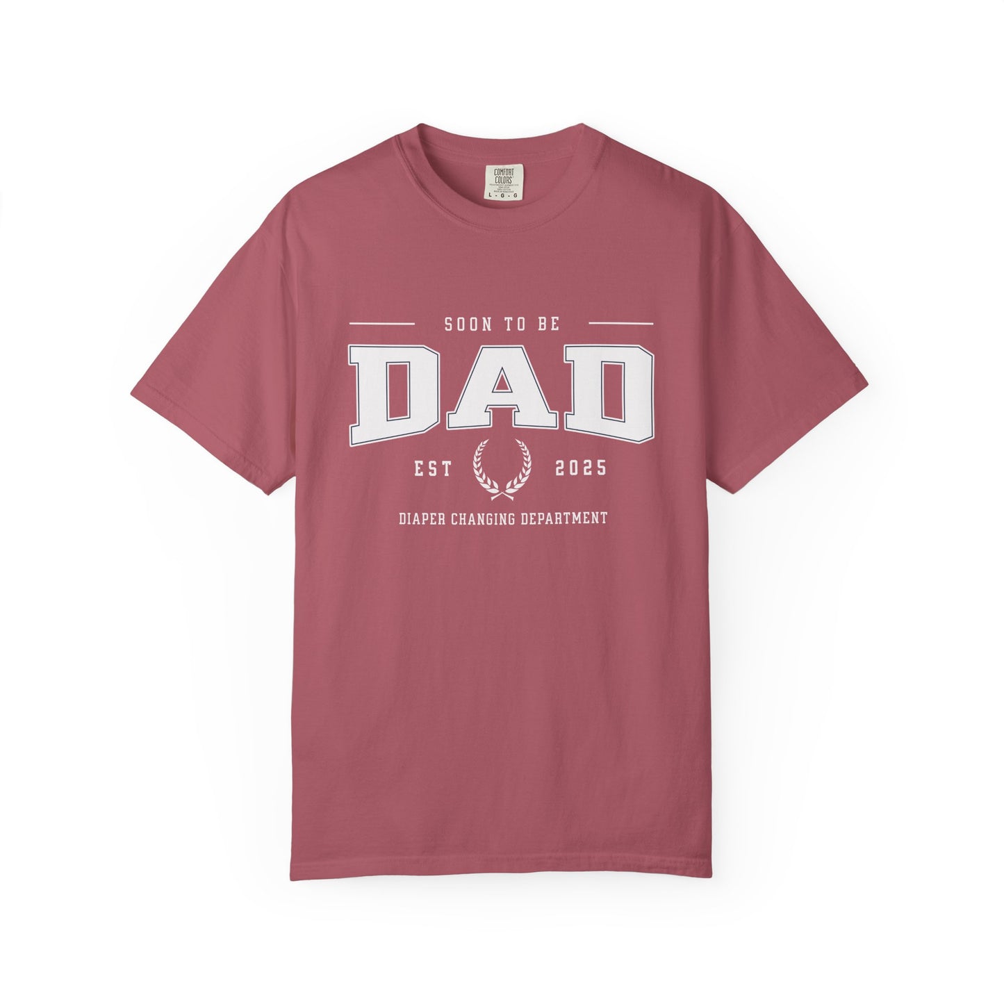 Maroon t-shirt with 'Soon to be Dad' text on a white background