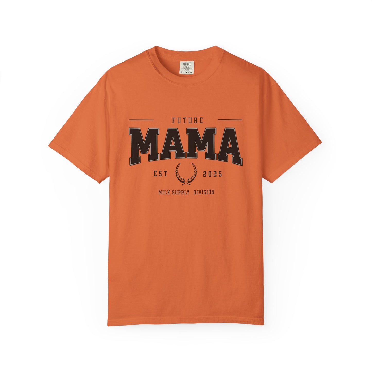 Orange t-shirt with 'Future Mama' text on a white background