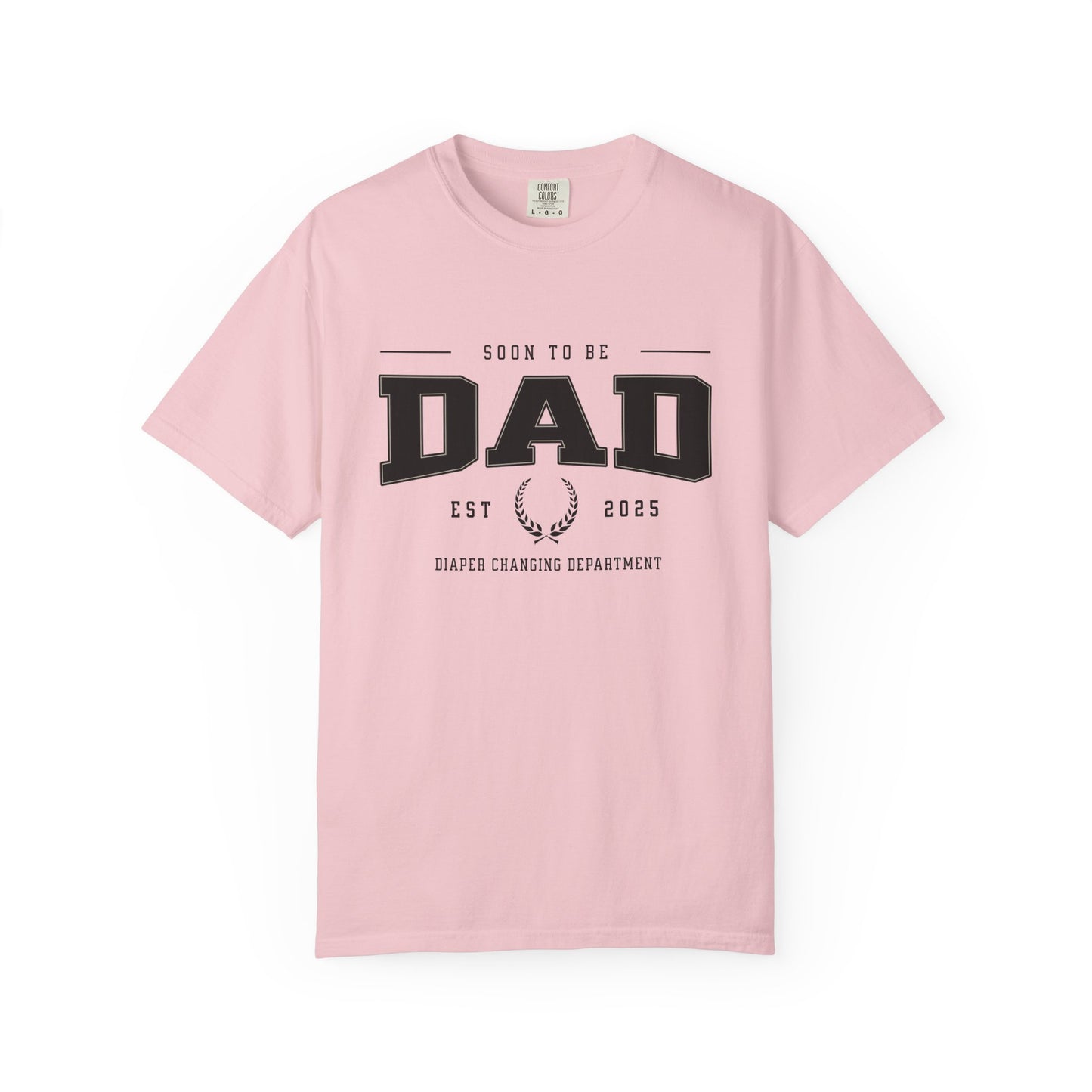 Pink t-shirt with 'Soon to be Dad' text on a white background