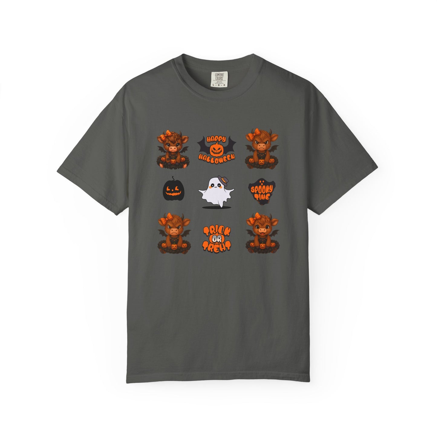 Gray t-shirt with Halloween-themed graphics on a white background