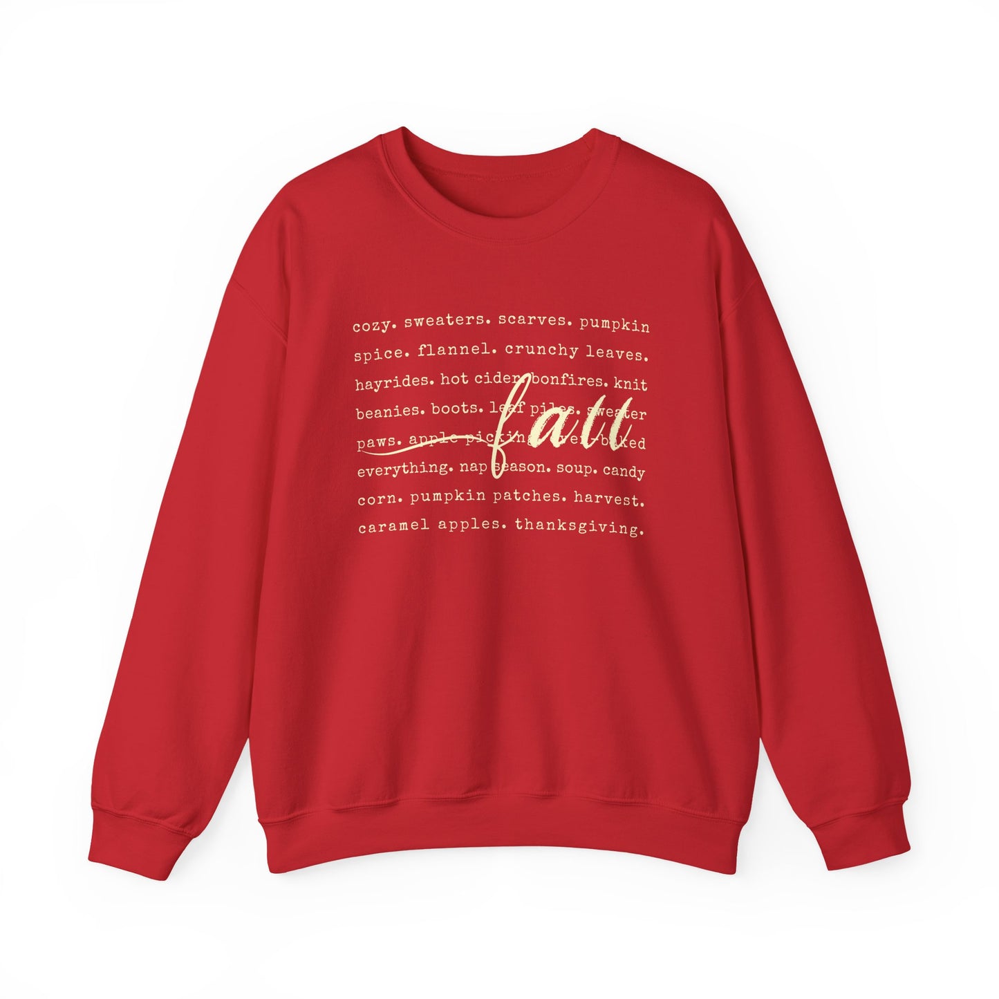 Red sweatshirt with white text on a white background