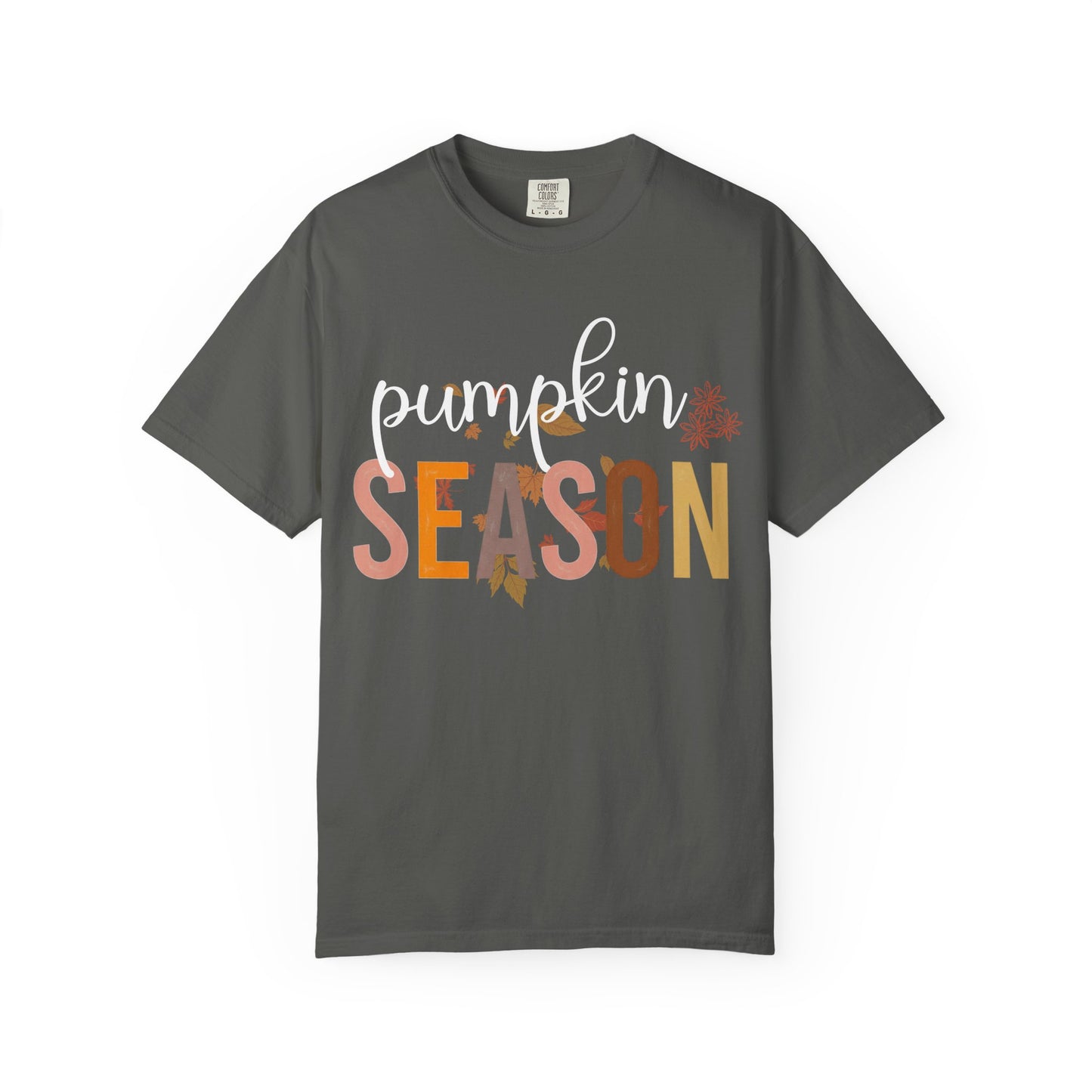 Gray t-shirt with 'pumpkin season' text and fall-themed design on a white background