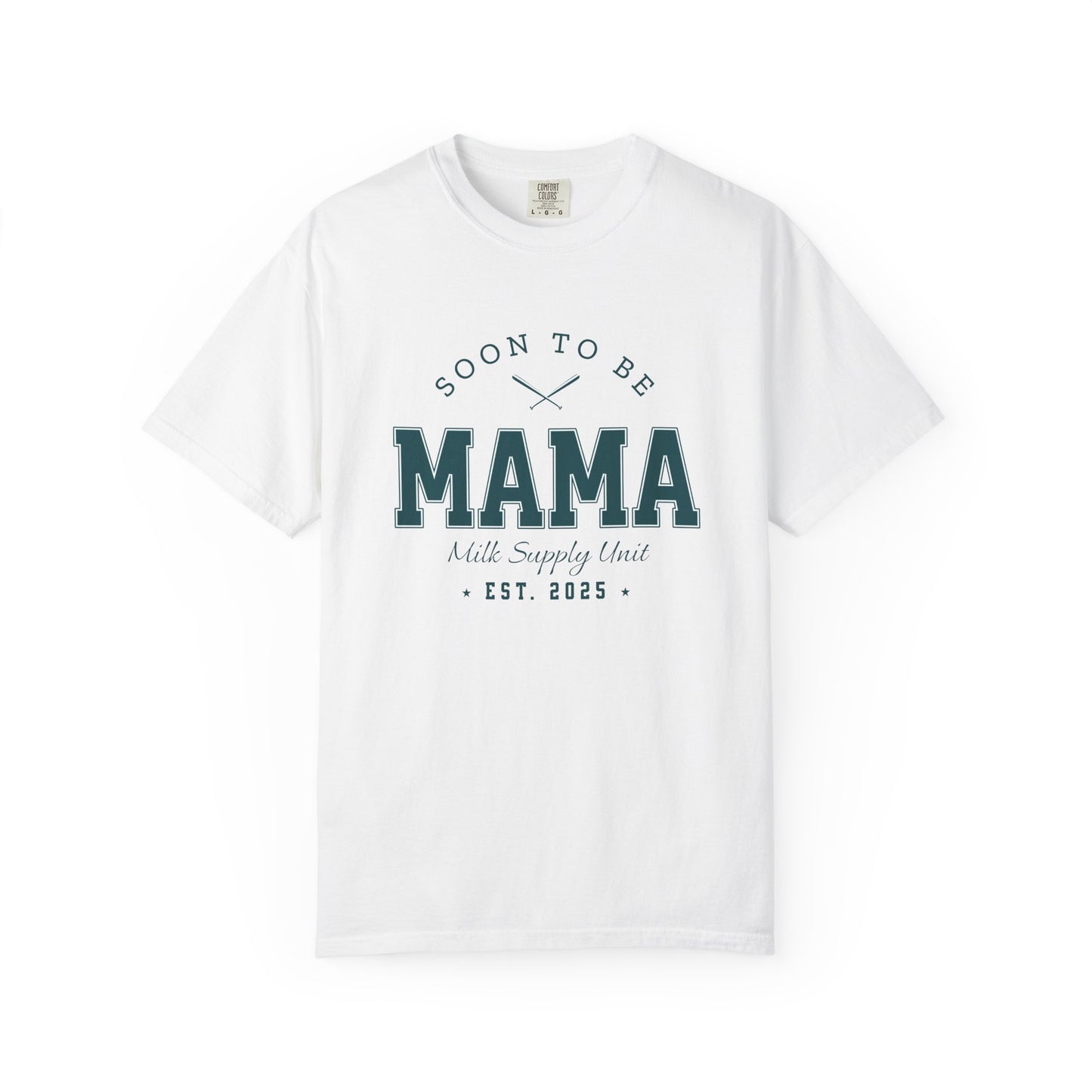White t-shirt with 'Soon to be Mama' text on a white background