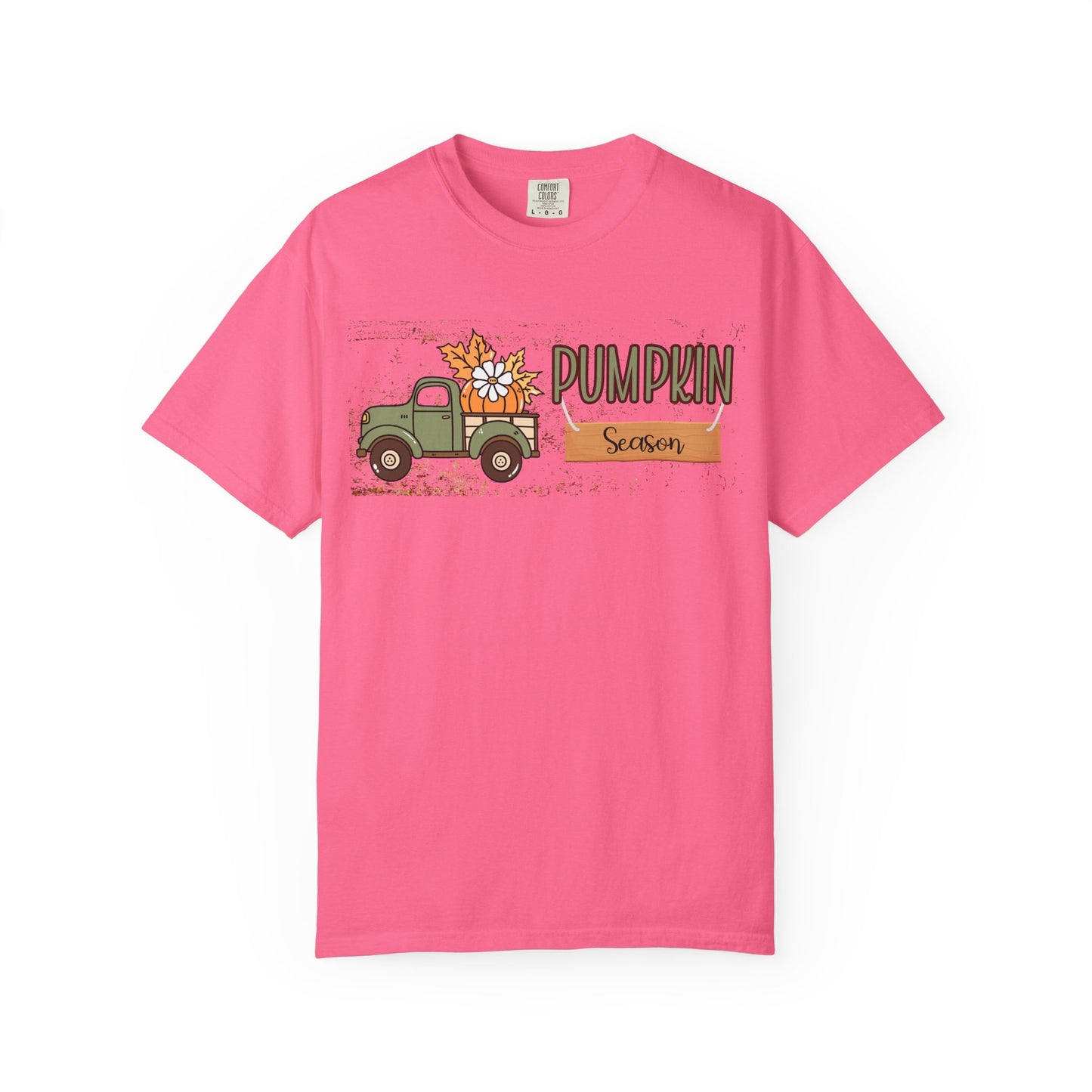 Pink t-shirt with a graphic of a truck and 'Pumpkin Season' text on a white background