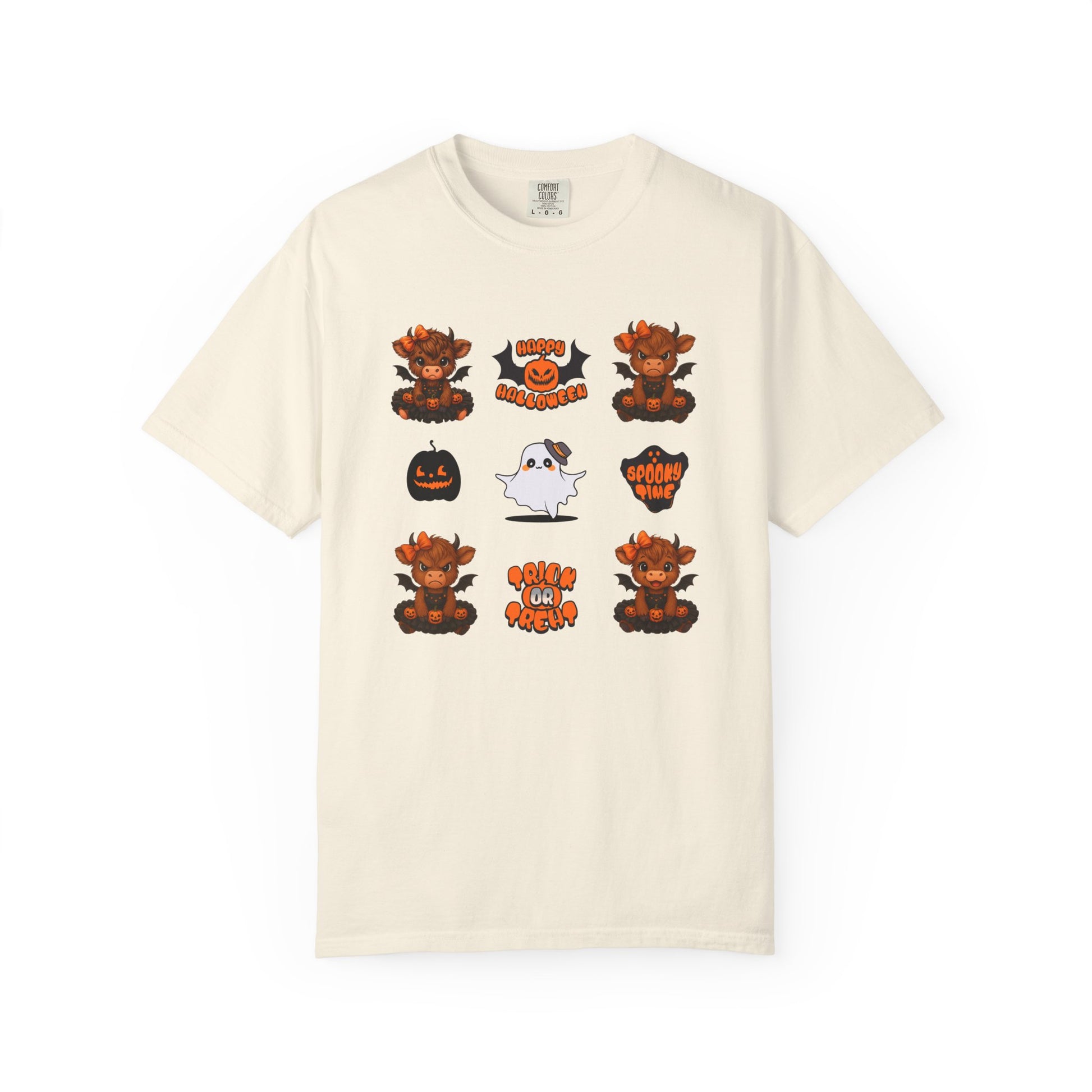 Beige t-shirt with Halloween-themed graphics on a white background