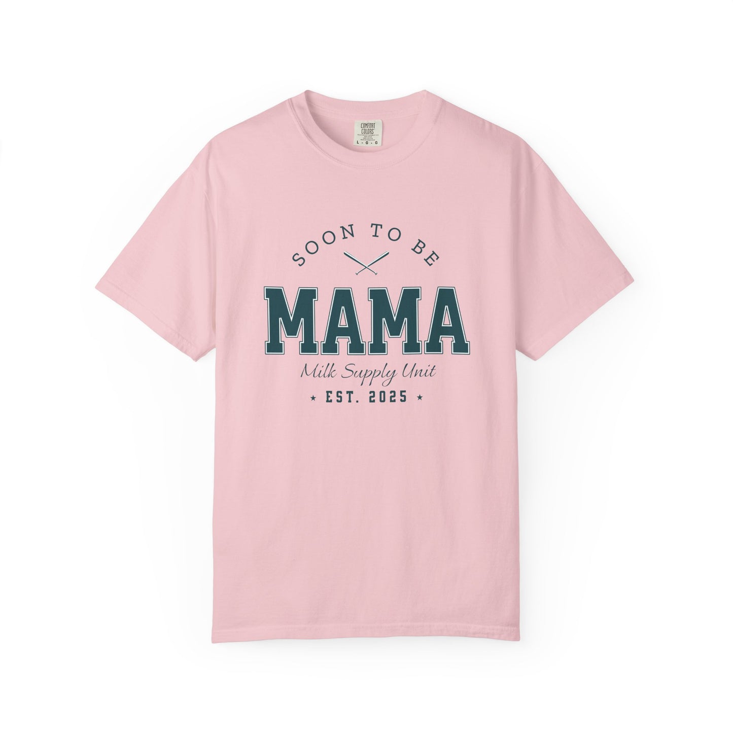 Pink t-shirt with 'Soon to be Mama' text on a white background