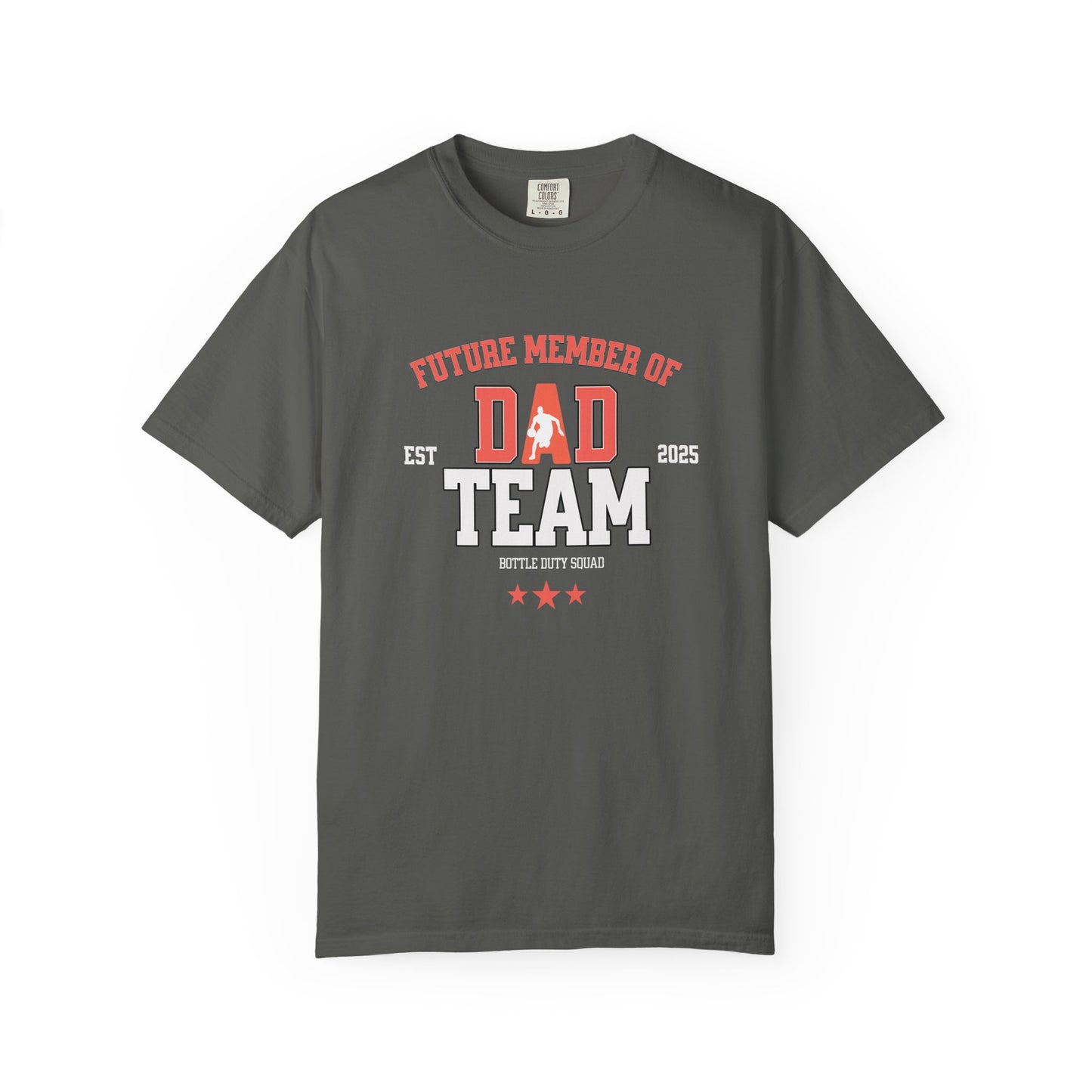 Gray t-shirt with 'Future Member of Dad Team' text and graphics on a white background