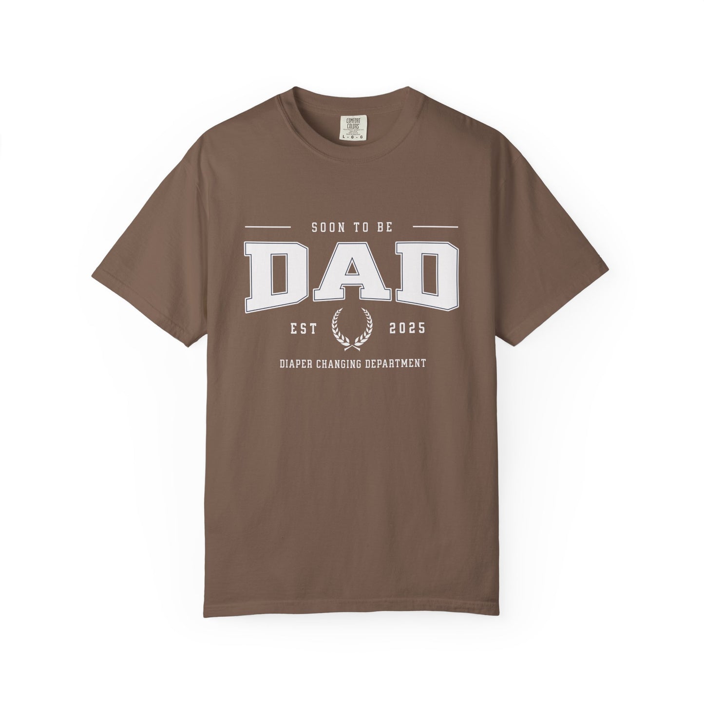 Brown t-shirt with 'Soon to be Dad' text on a white background