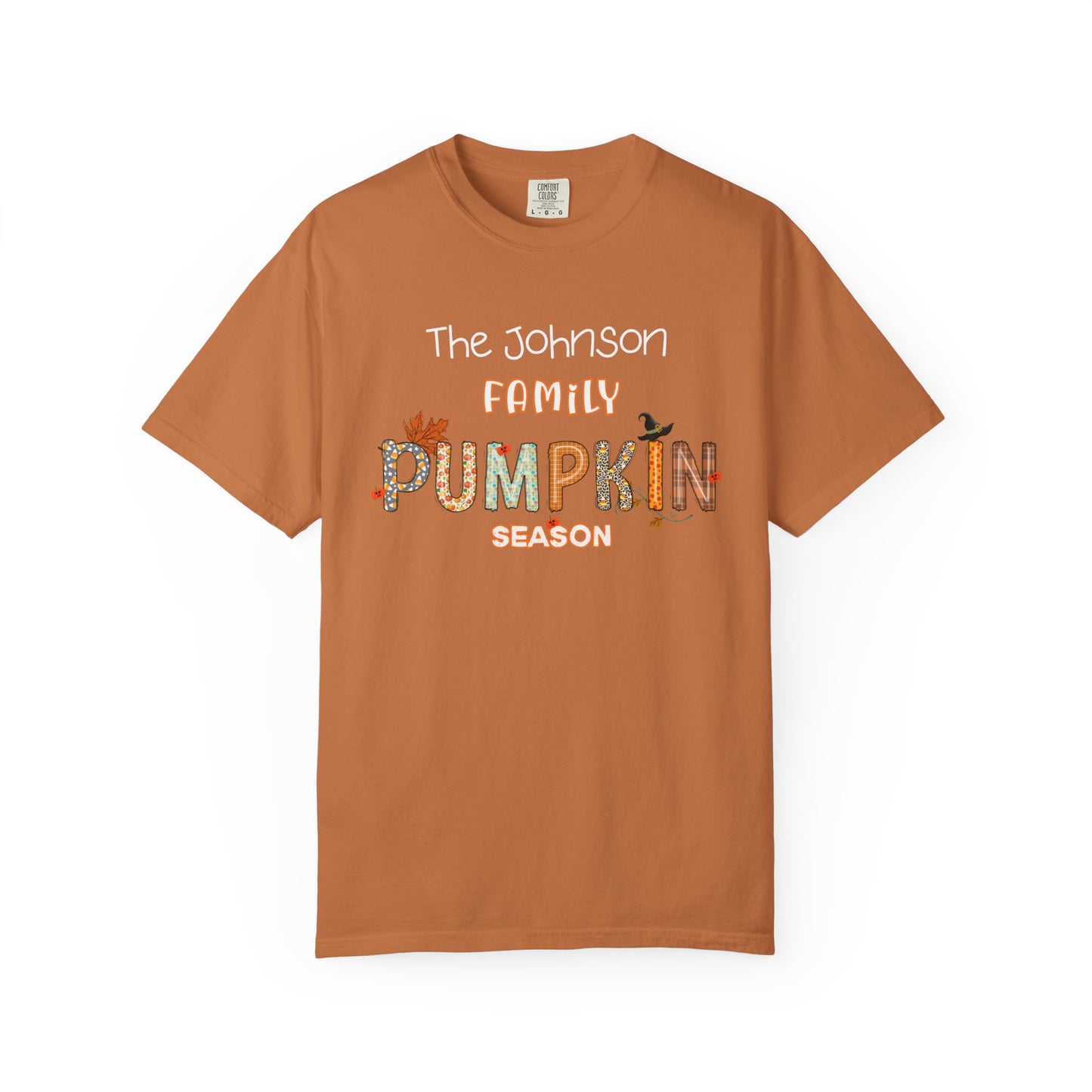 Brown t-shirt with 'The Johnson Family Pumpkin Season' text design on a white background