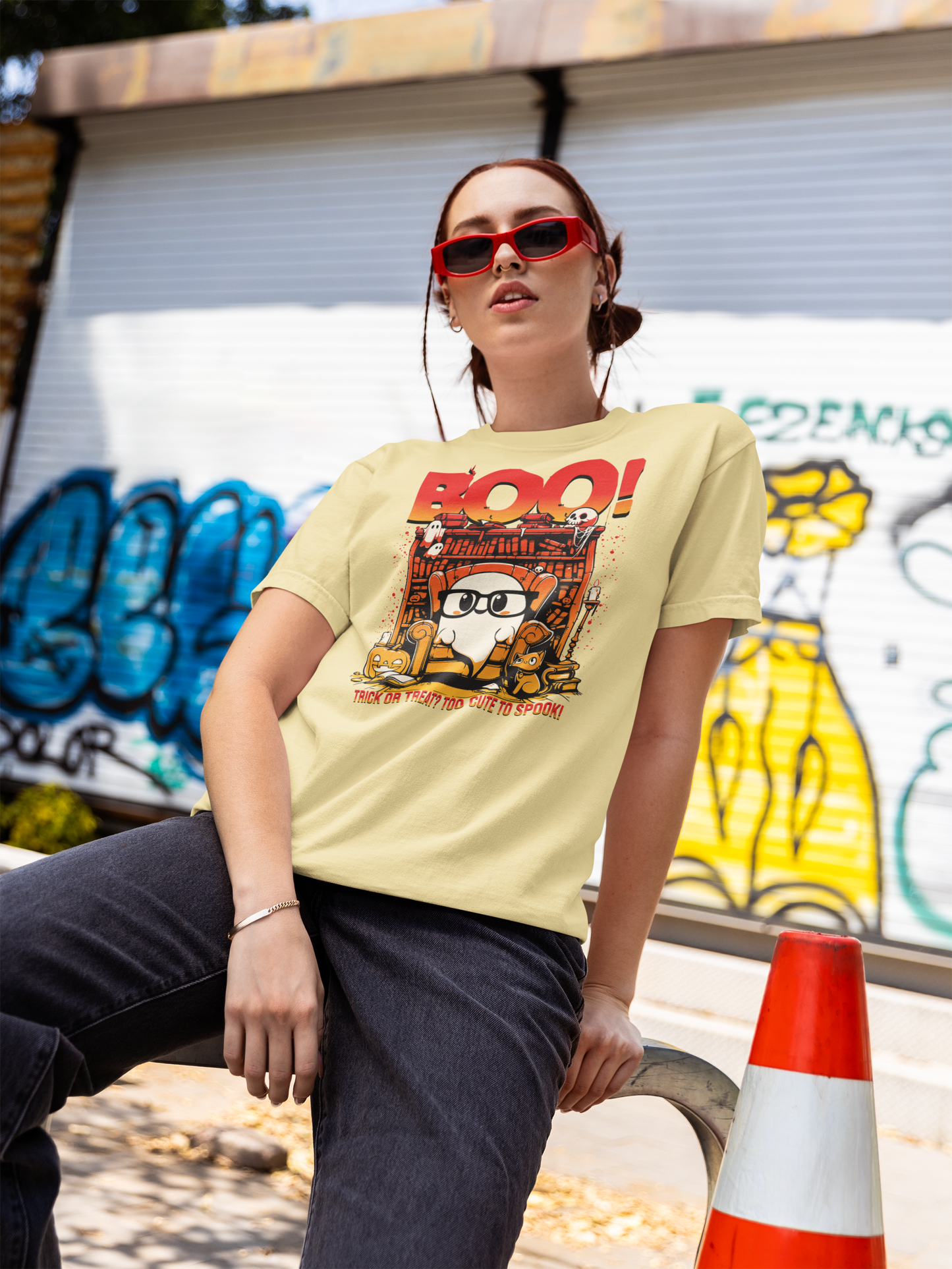 Person wearing a yellow t-shirt with a graphic design, sitting against a graffiti-covered wall.