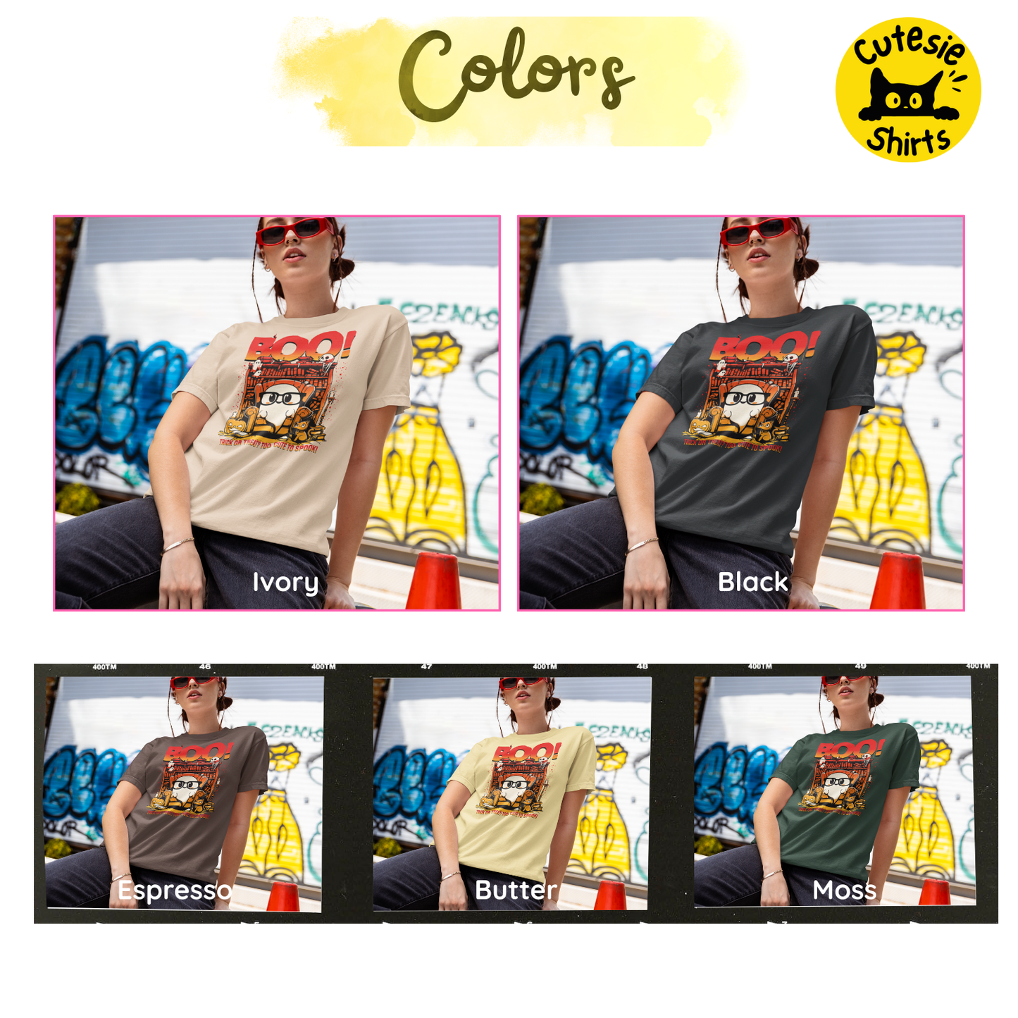 Person wearing a t-shirt with a graphic design in various colors against a colorful background.