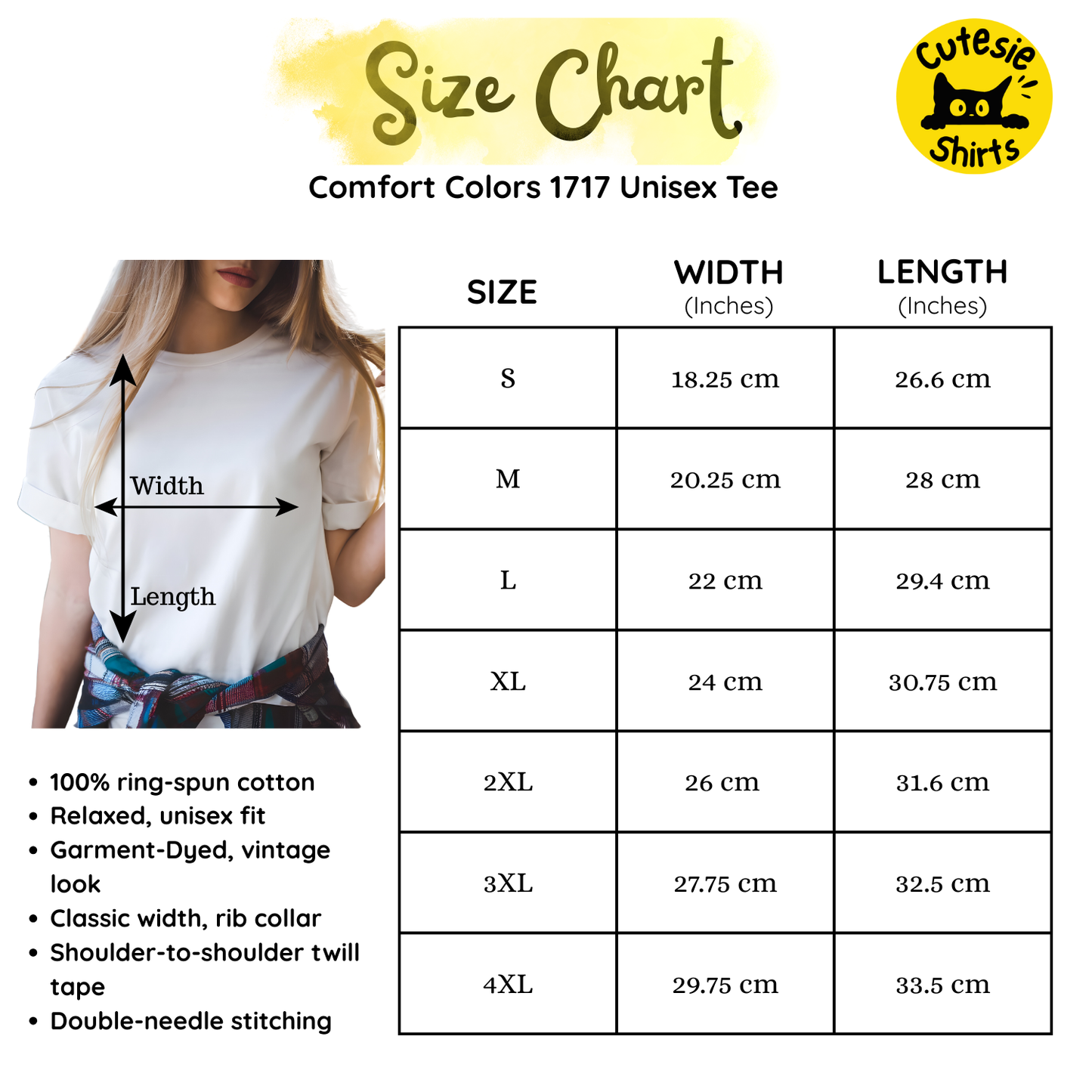 Size chart for Comfort Colors 1717 Unisex Tee with measurements and Cutesie Shirts logo.